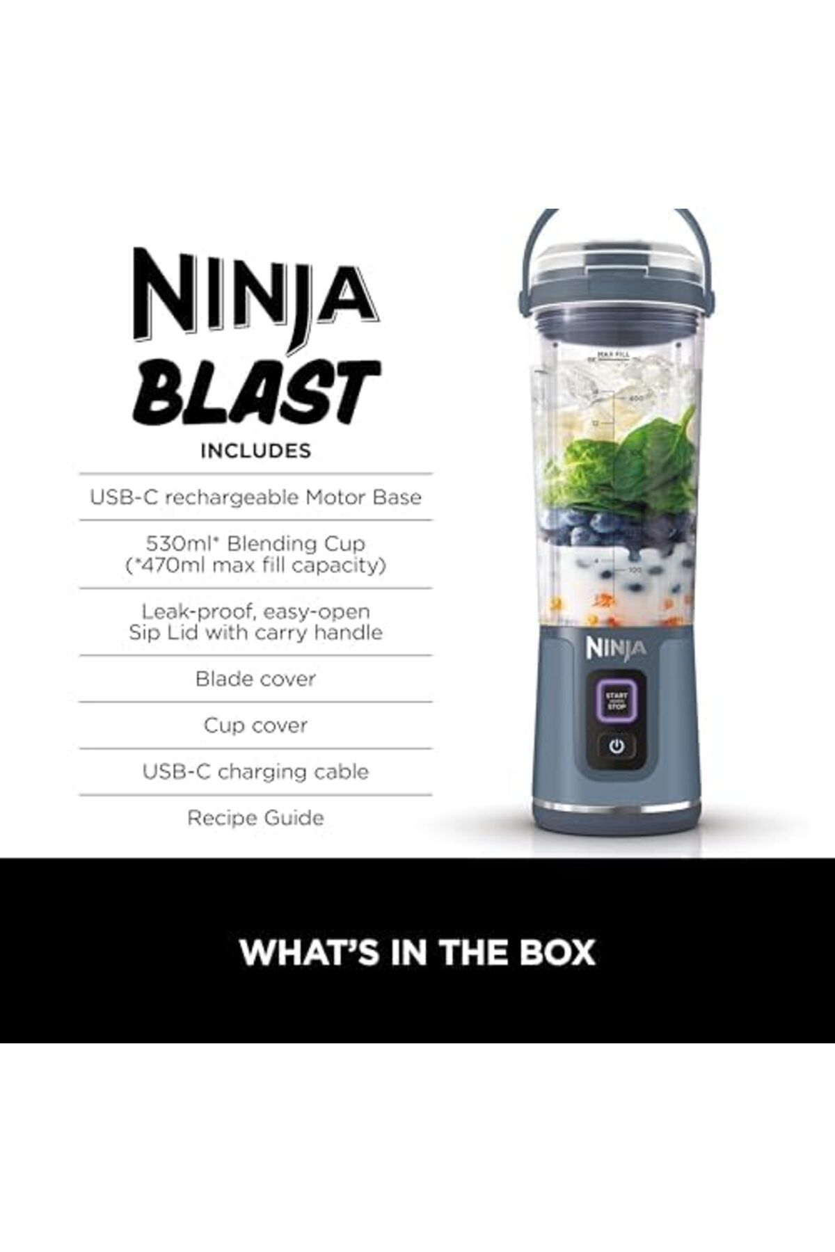 NINJA-Blast Portable Blender, 530ml, Leakproof Lid & Sip Spout, Powerful Cordless Mini Blender, Rech 3