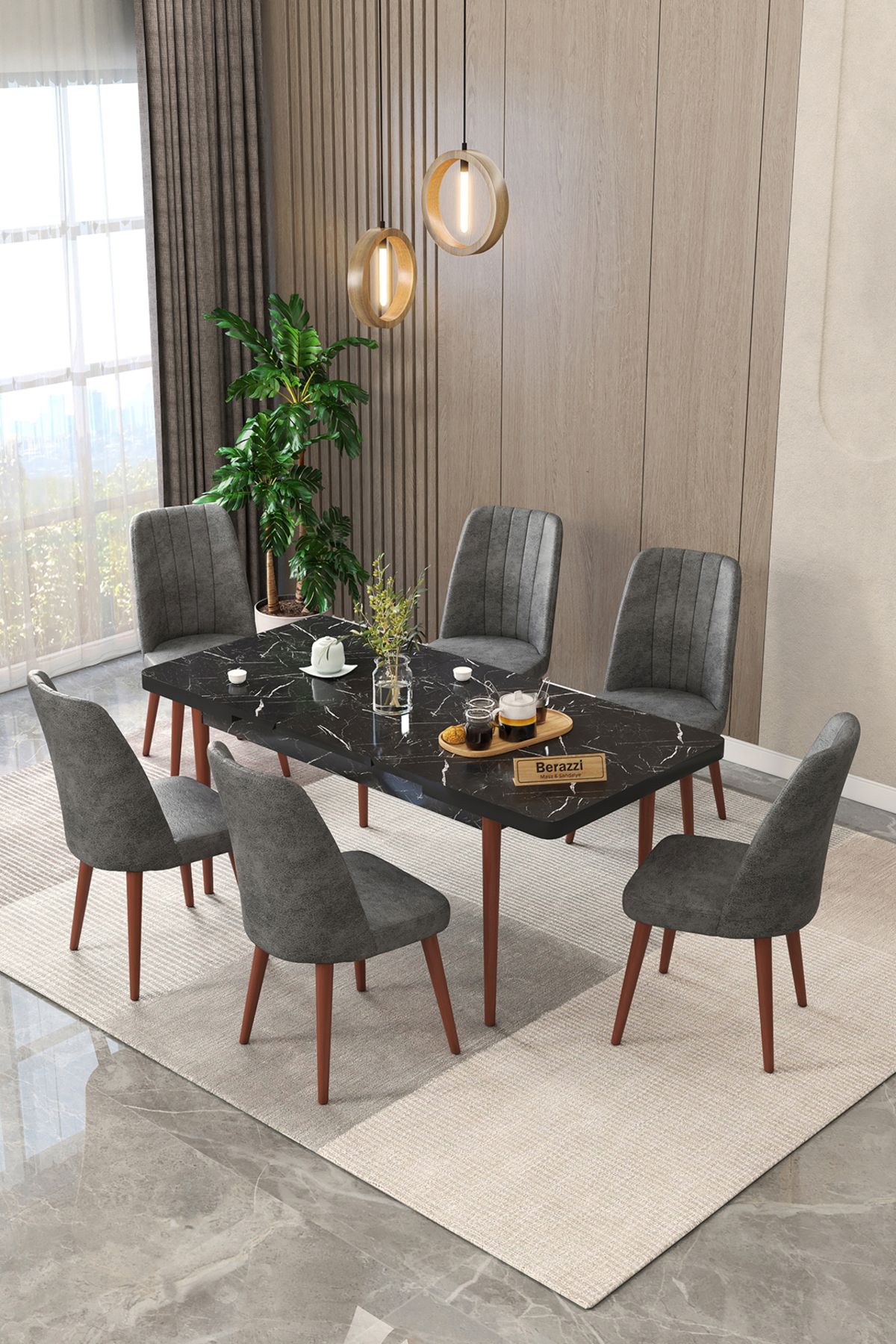 Maholandin Siyah 80x130 Açılır Yemek Masası , Yemek Masa Takımı Metal Ayaklı 6 Sandalye