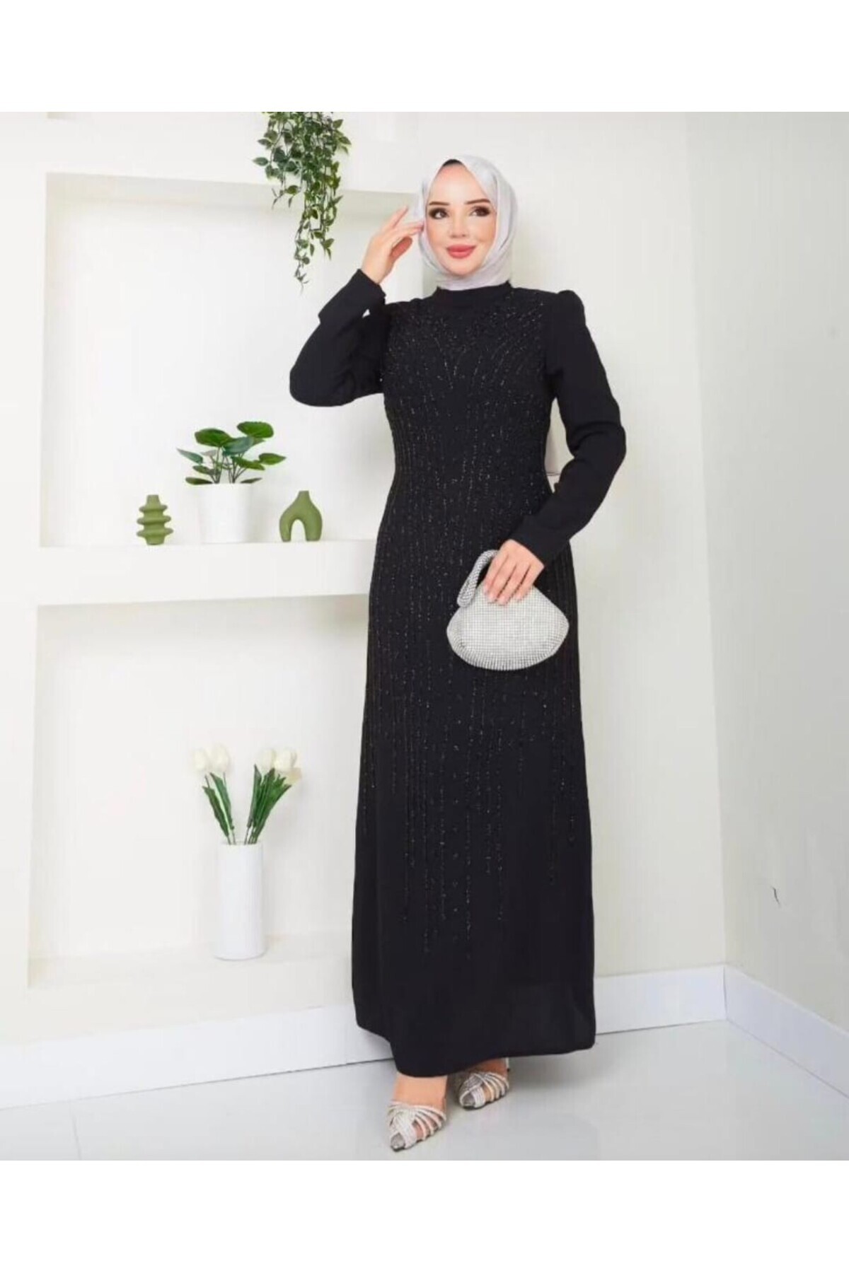 GLR&GYM-Fairy Women Plus Size Crepe Fabric Slki̇kon Stone Evening Dress 2