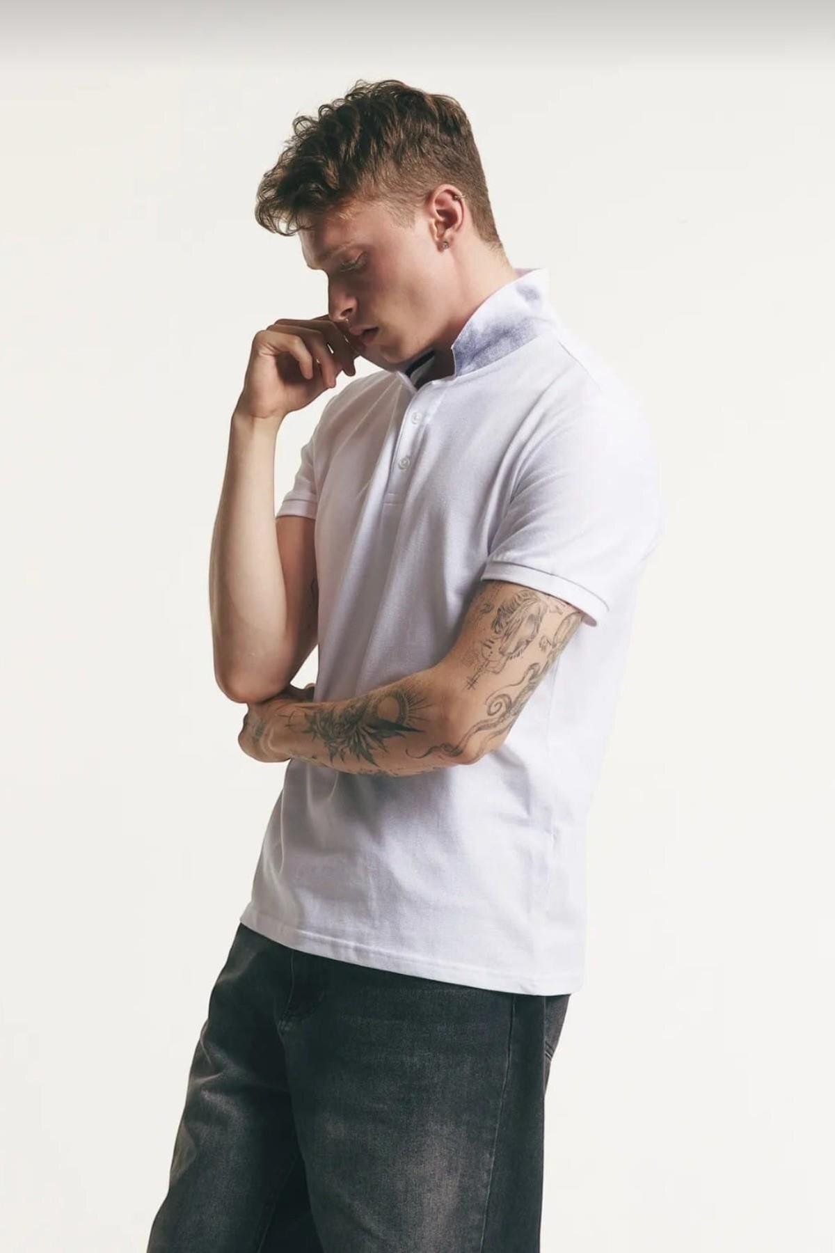 CassidoShoes-White Button Collar Detailed Men's Polo T-Shirt 4