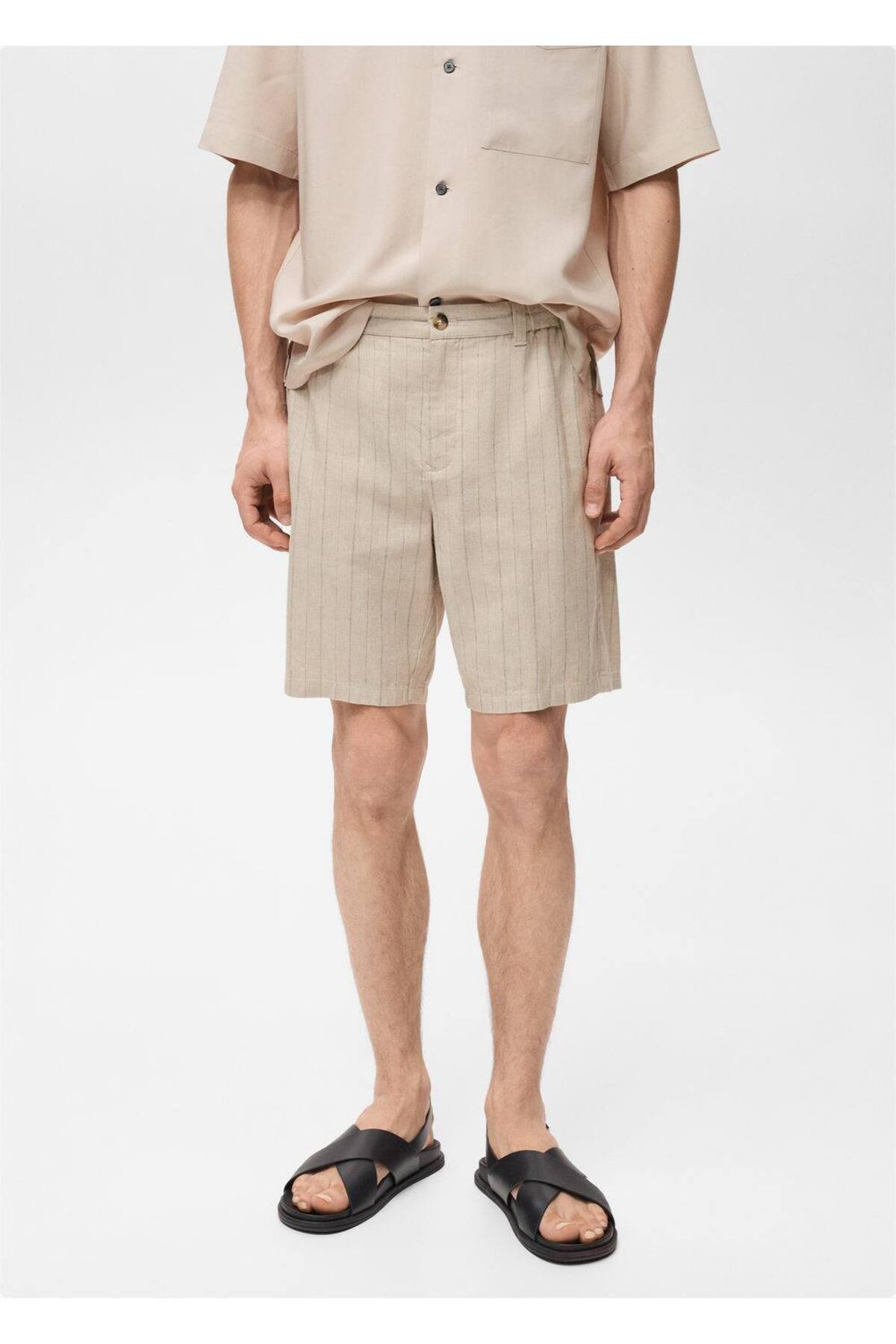 Keten Karışımlı Çizgili Bermuda Şort