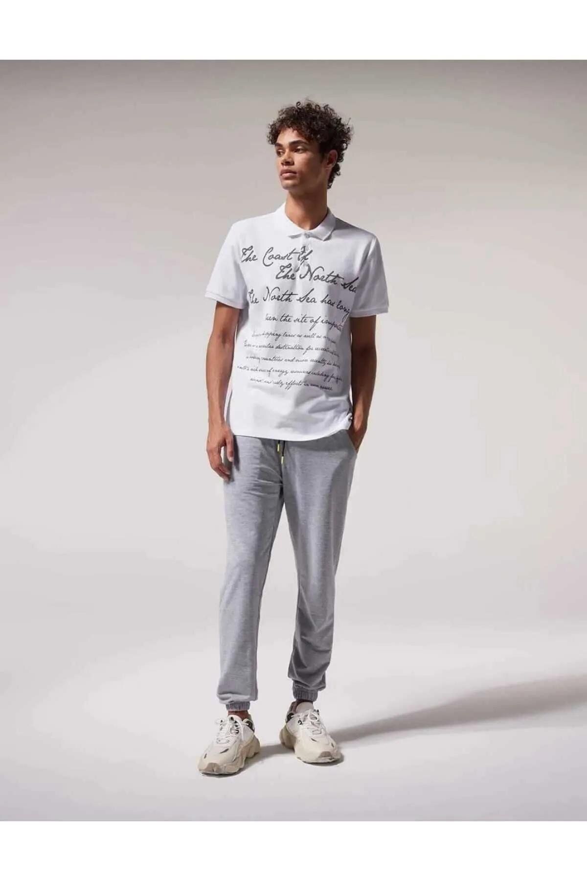 CassidoShoes-White Button Collar Detailed Text Printed Men's Polo T-Shirt 2