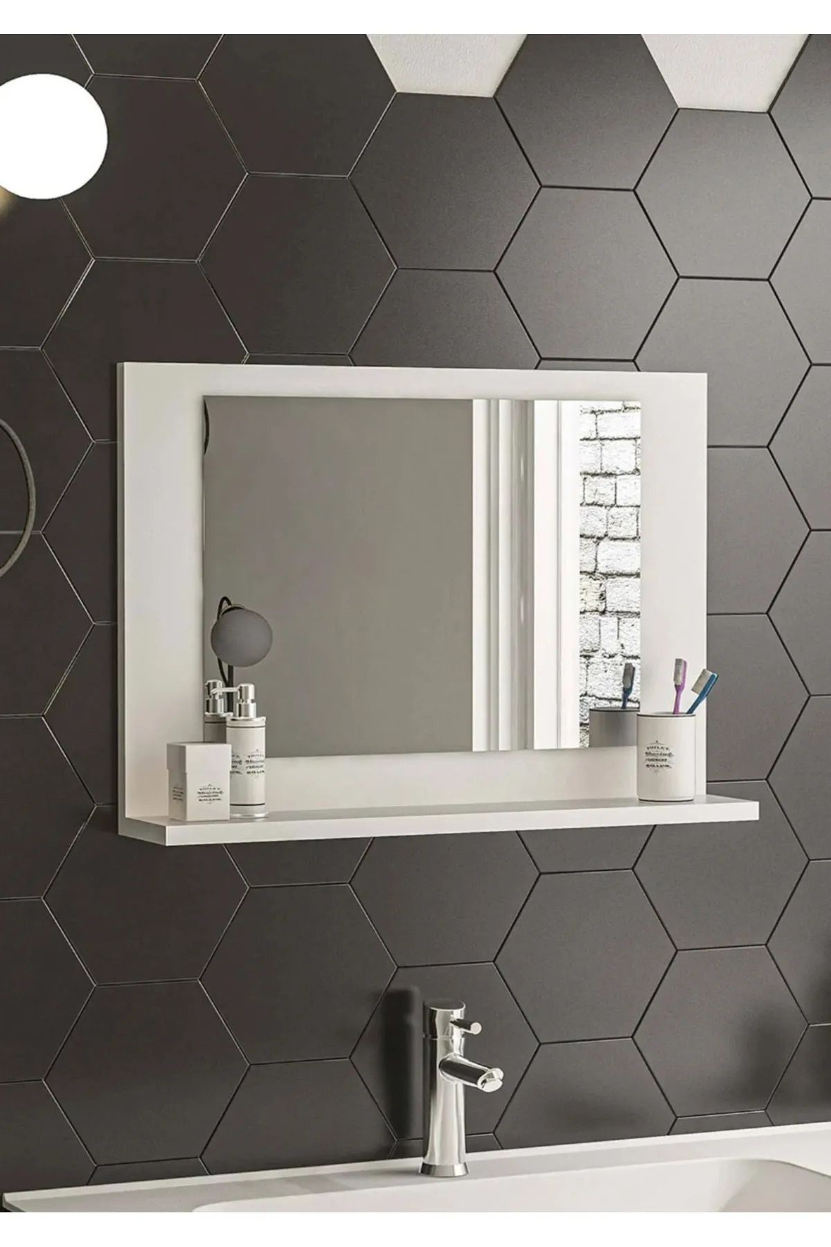 DEMİR DİZAYN Beyaz Lavabo Aynası Raflı WC-Banyo Modern
