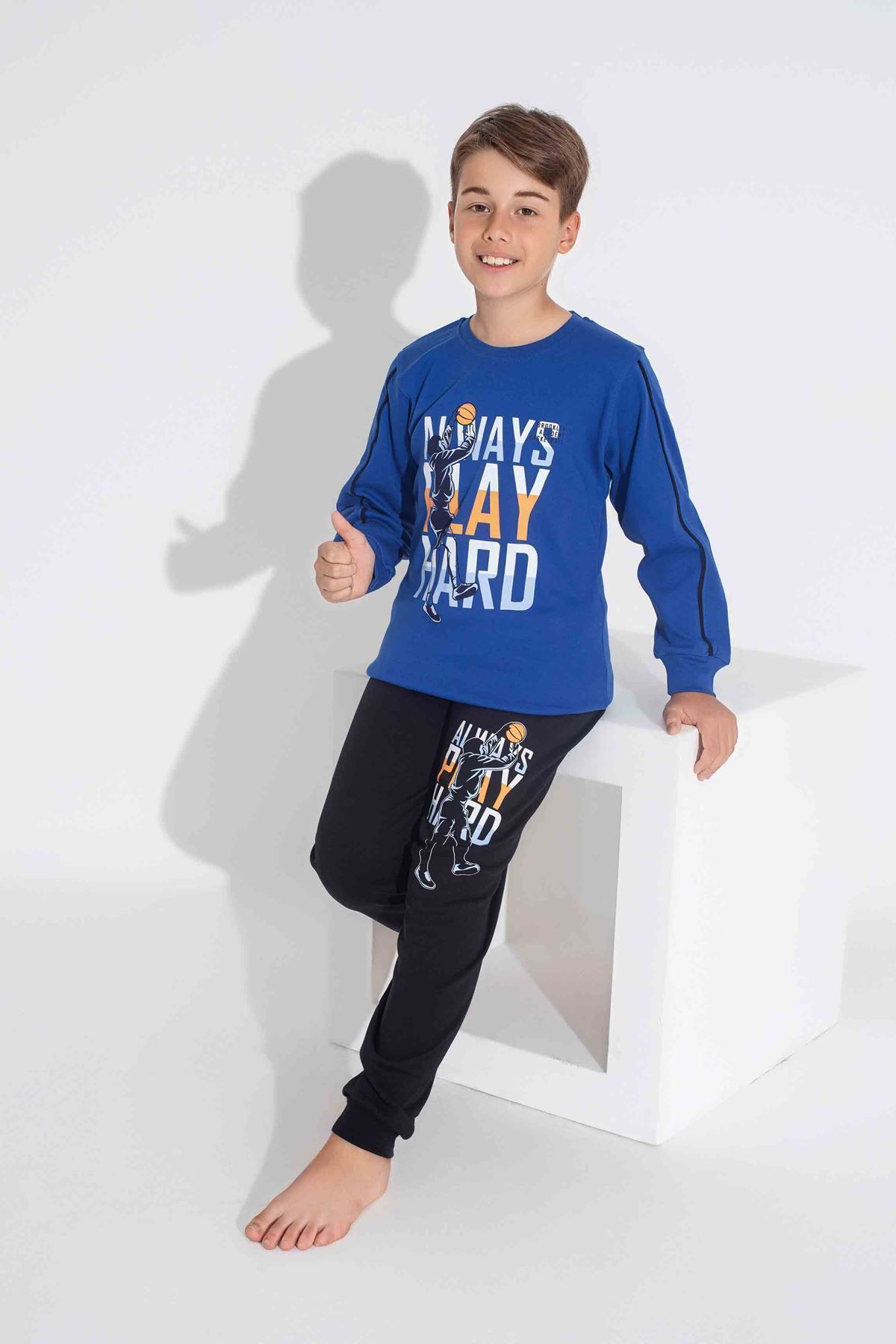 yagmurgiyim-Tarp Blue Basketball Printed Interlock Boys' Pajamas Set 3-11 Years 3734-3735-m 2