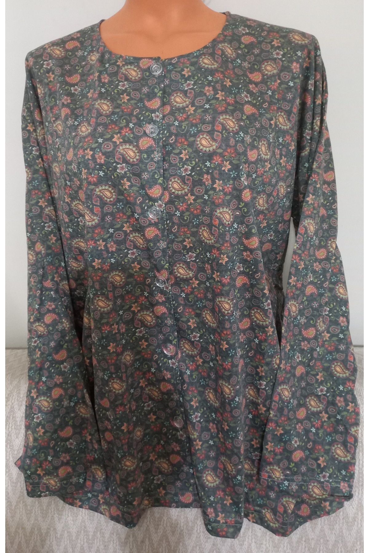 Anne-Er Clothing Mother Summer Combed Cotton Blouse Button-Down Print Green Floral 3
