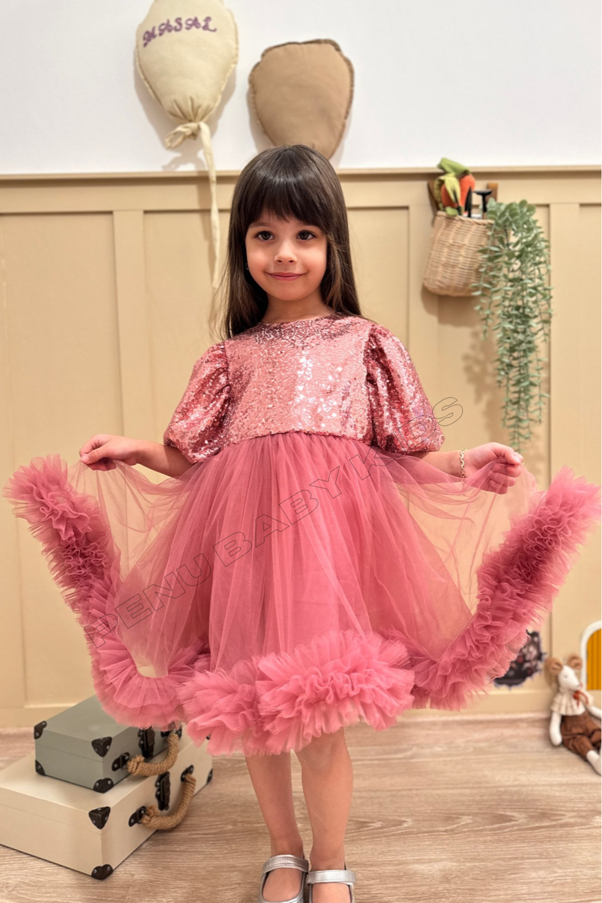 penu baby kids Gül Kurusu Payetli Balon Kollu Grenli Tül Etek Ucu Fırfırlı Kız Bebek & Kız Çocuk Elbise - Terr fotoğrafı 6 (önizleme)