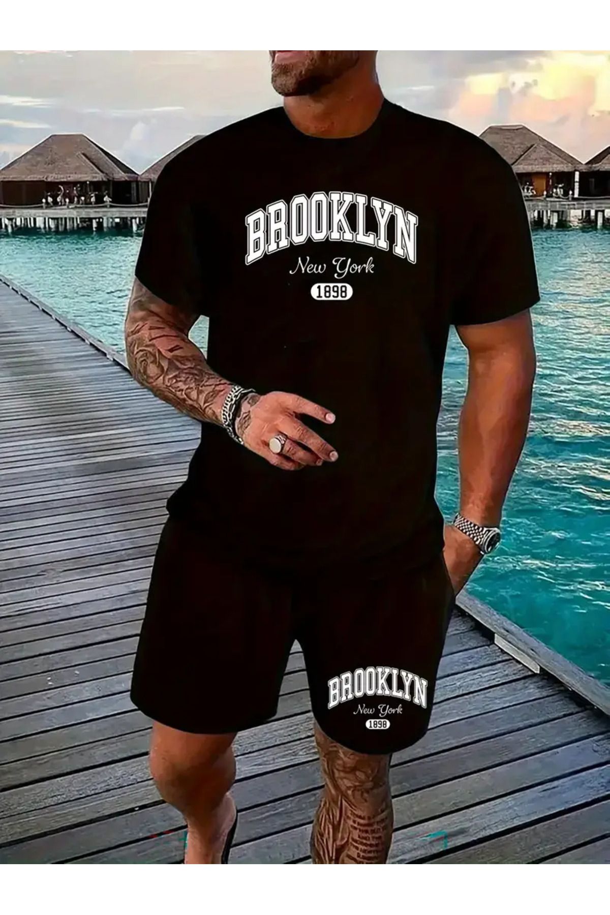 NEW TRENDY COLLECTİON Set De Modă Pentru Bărbați Din 2 Piese Cu Imprimeu Cu Litere Brooklyn Unisex - XL