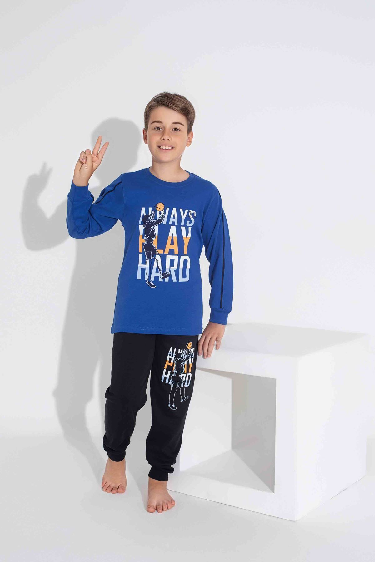 yagmurgiyim-Tarp Blue Basketball Printed Interlock Boys' Pajamas Set 3-11 Years 3734-3735-m 1