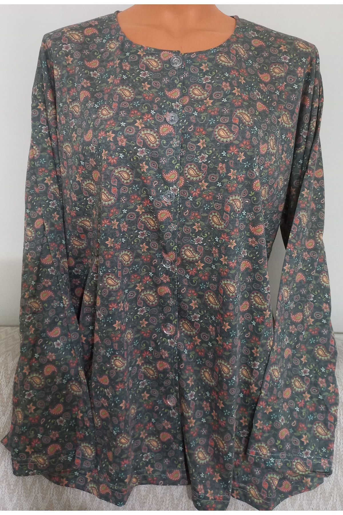 Anne-Er Clothing Mother Summer Combed Cotton Blouse Button-Down Print Green Floral 2