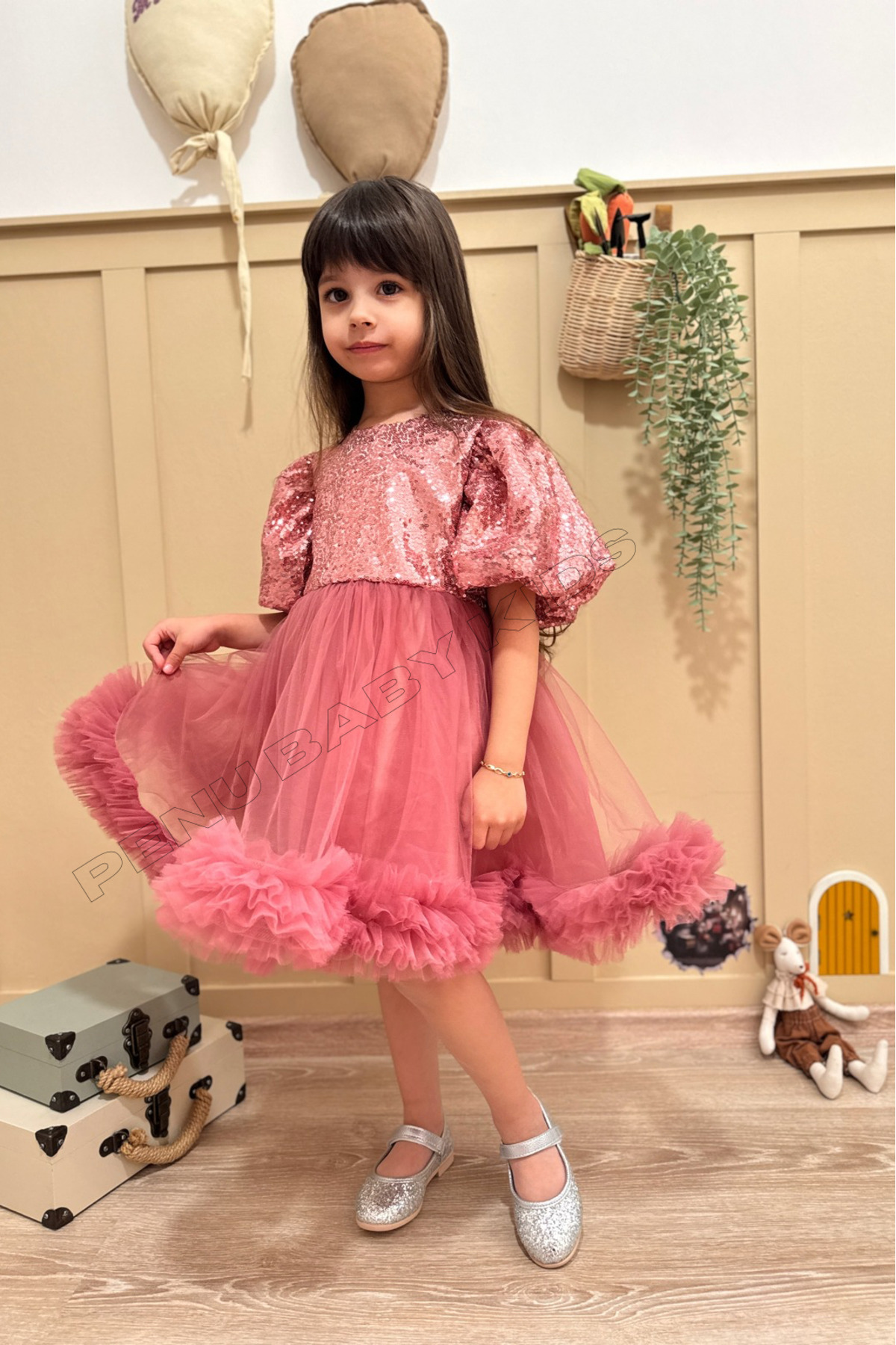 penu baby kids Gül Kurusu Payetli Balon Kollu Grenli Tül Etek Ucu Fırfırlı Kız Bebek & Kız Çocuk Elbise - Terr fotoğrafı 2 (önizleme)