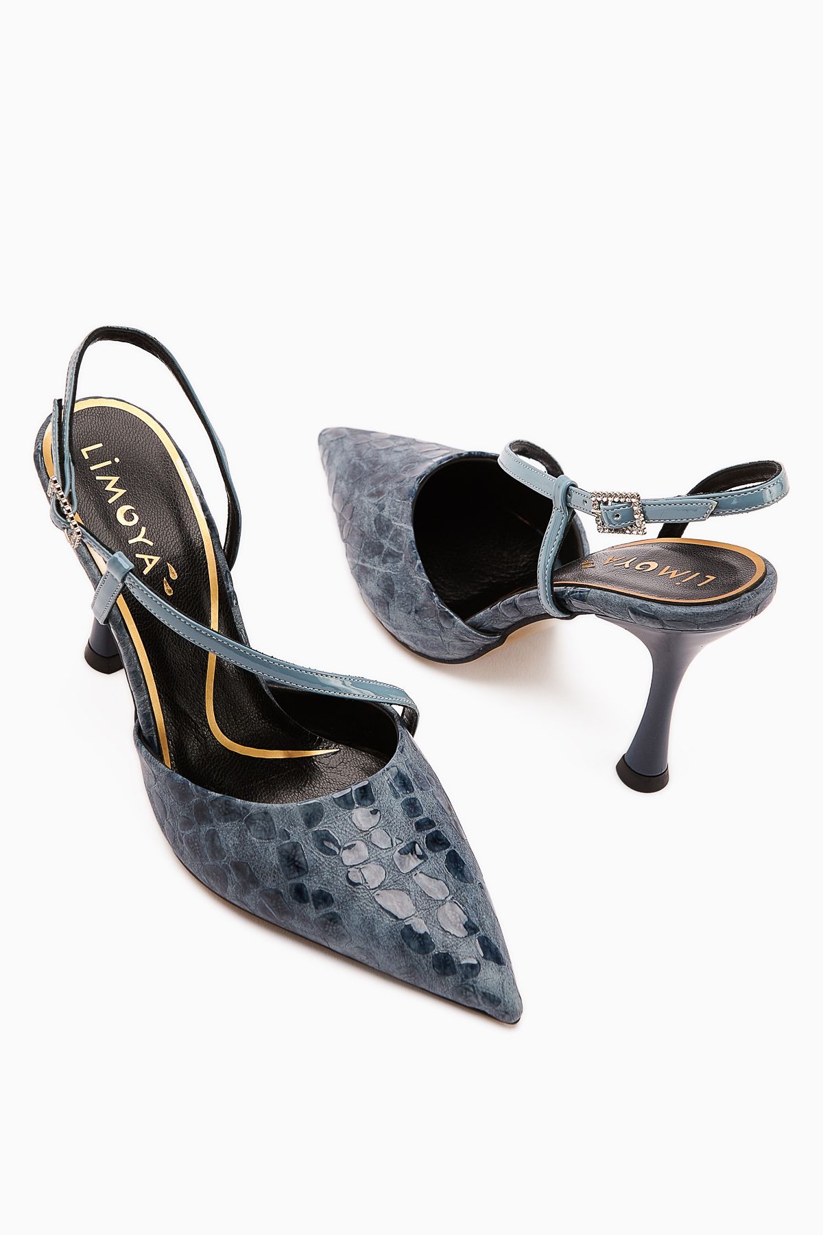 Limoya-Genuine Leather Sarah Navy Blue Crocodile Patterned Pointed Toe Heeled Women's Shoes 6