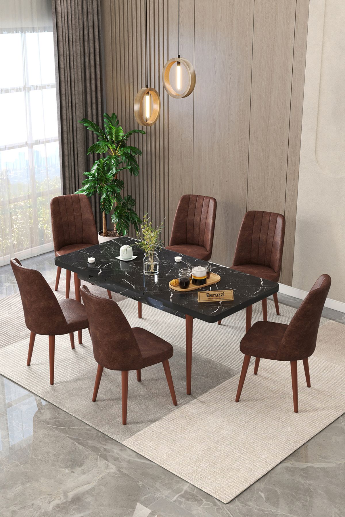 Maholandin Siyah 80x130 Açılır Yemek Masası , Yemek Masa Takımı Metal Ayaklı 6 Sandalye
