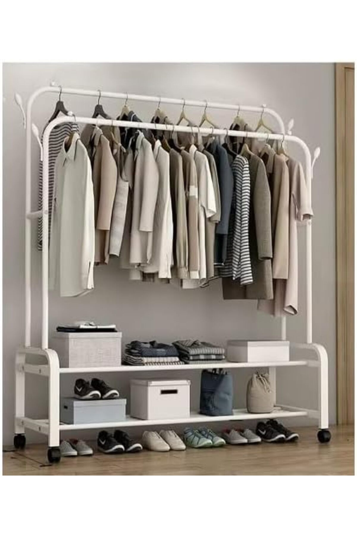 منظم علاقة ملابس معدن وحامل ملابس أبيض بعجلات 110x55x150 سم