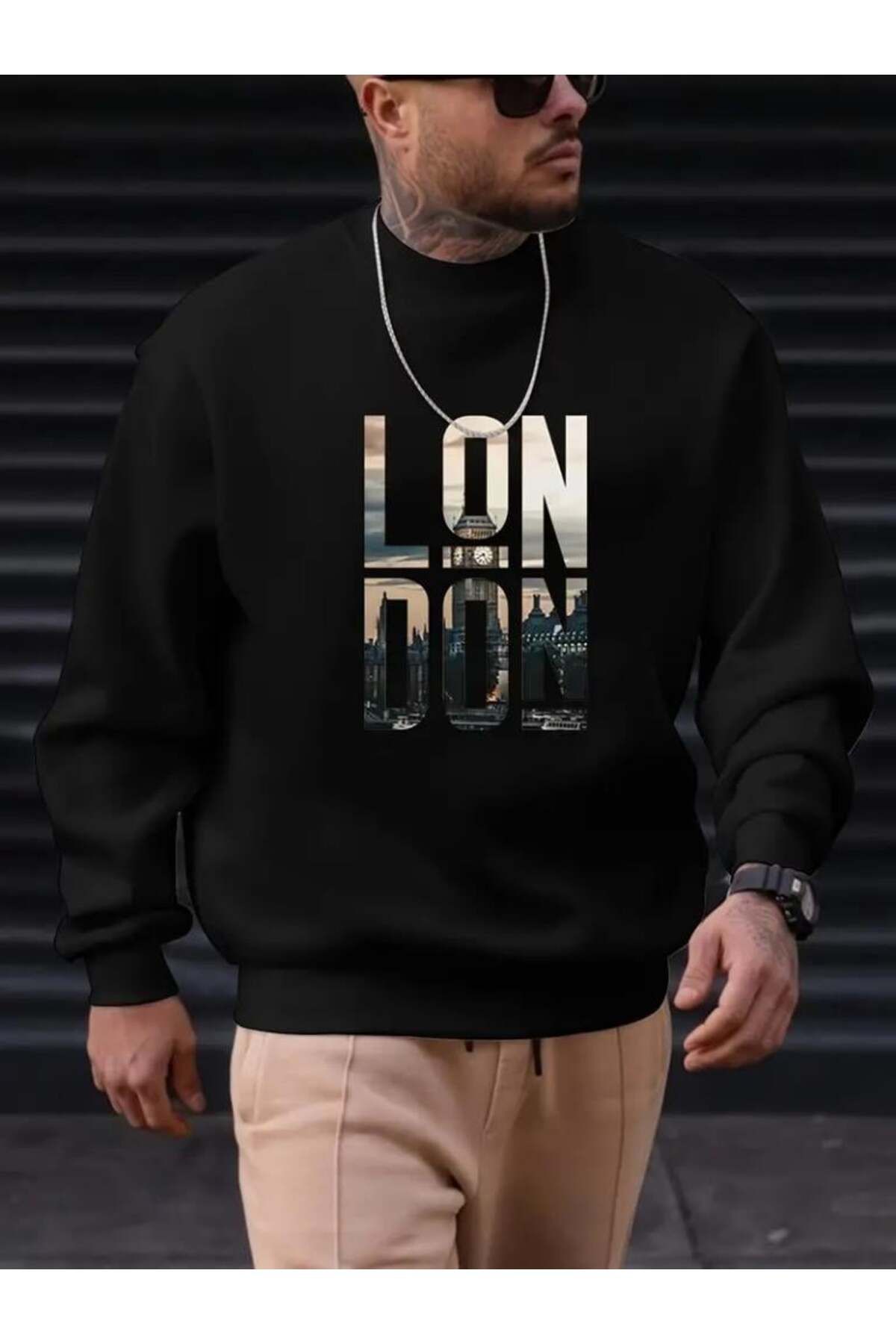 Modaiconu Erkek Uzun Kollu Bisiklet Yaka London Logo Baskılı Iki Iplik Bluz