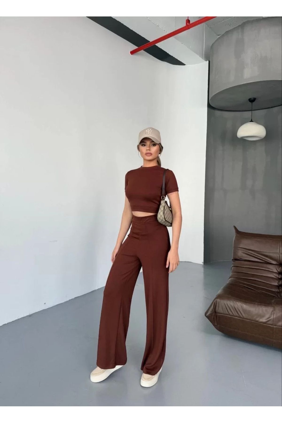 SA Alişveriş Dünyam Osy Modal Yumuşak Dokulu Kumaş Kısa Kollu Crop Rahat Pantalon ikili Takım - Kahverengi