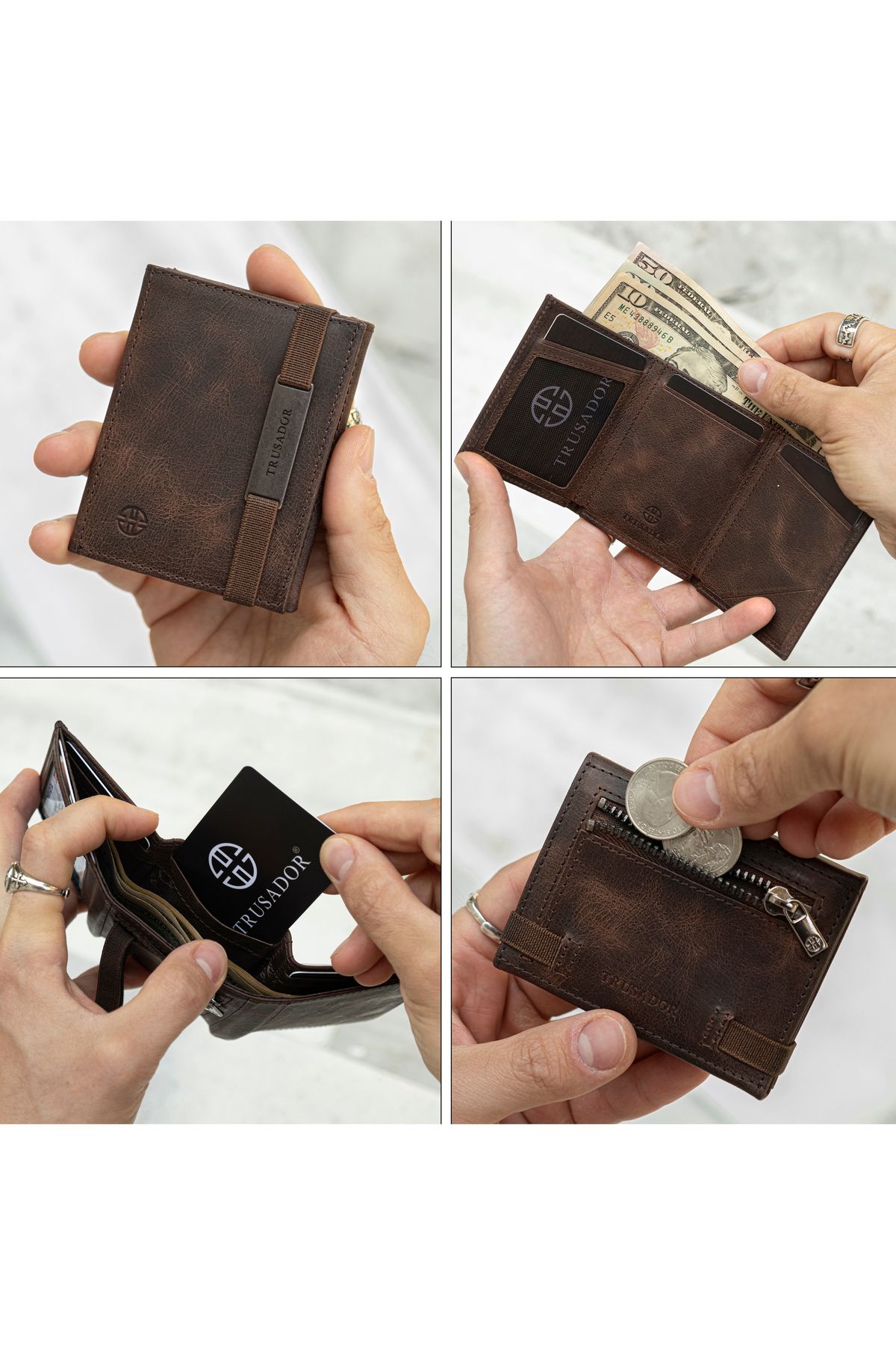 کیف پول زنانه MARSEILLE BROWN ZIPPER WALLET چرمی MIRROR RFID مردانه محافظت شده Trusador