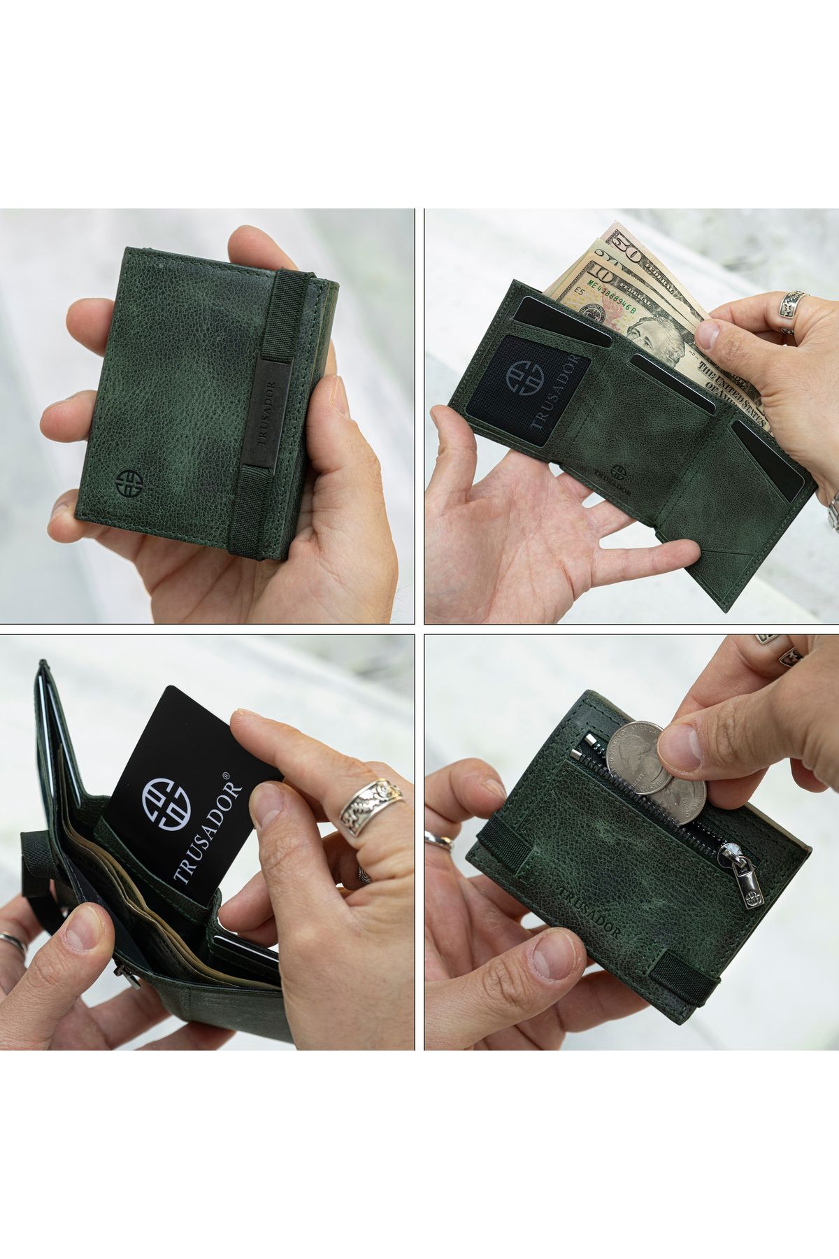 کیف پول زنانه MARSEILLE ZIPPERED GREEN ZIPPRED WALLET چرمی MIRRORED RFID مردانه محافظت شده Trusador