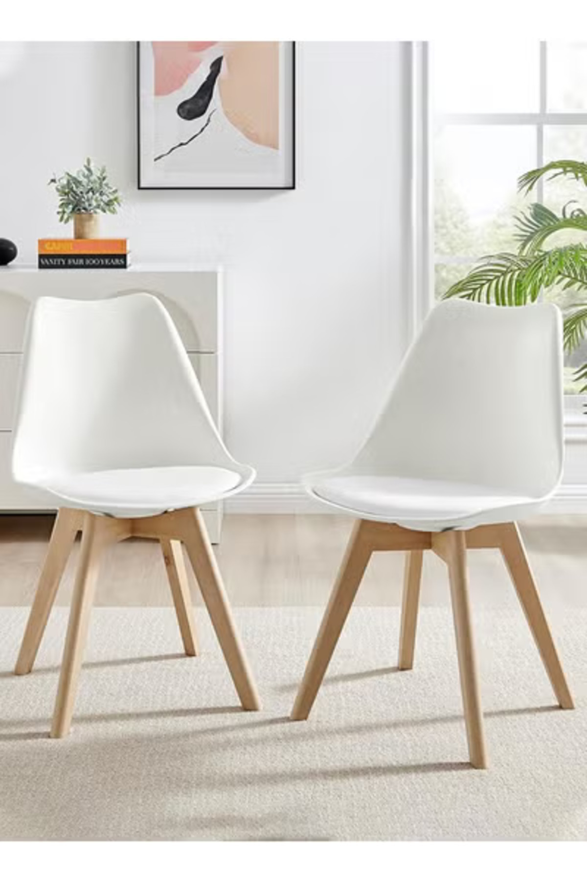 Taimi-Pack Of 2 Mid Century Modern Side Chair , PU Leather Soft Padded Seats and Solid Wood Legs White 1