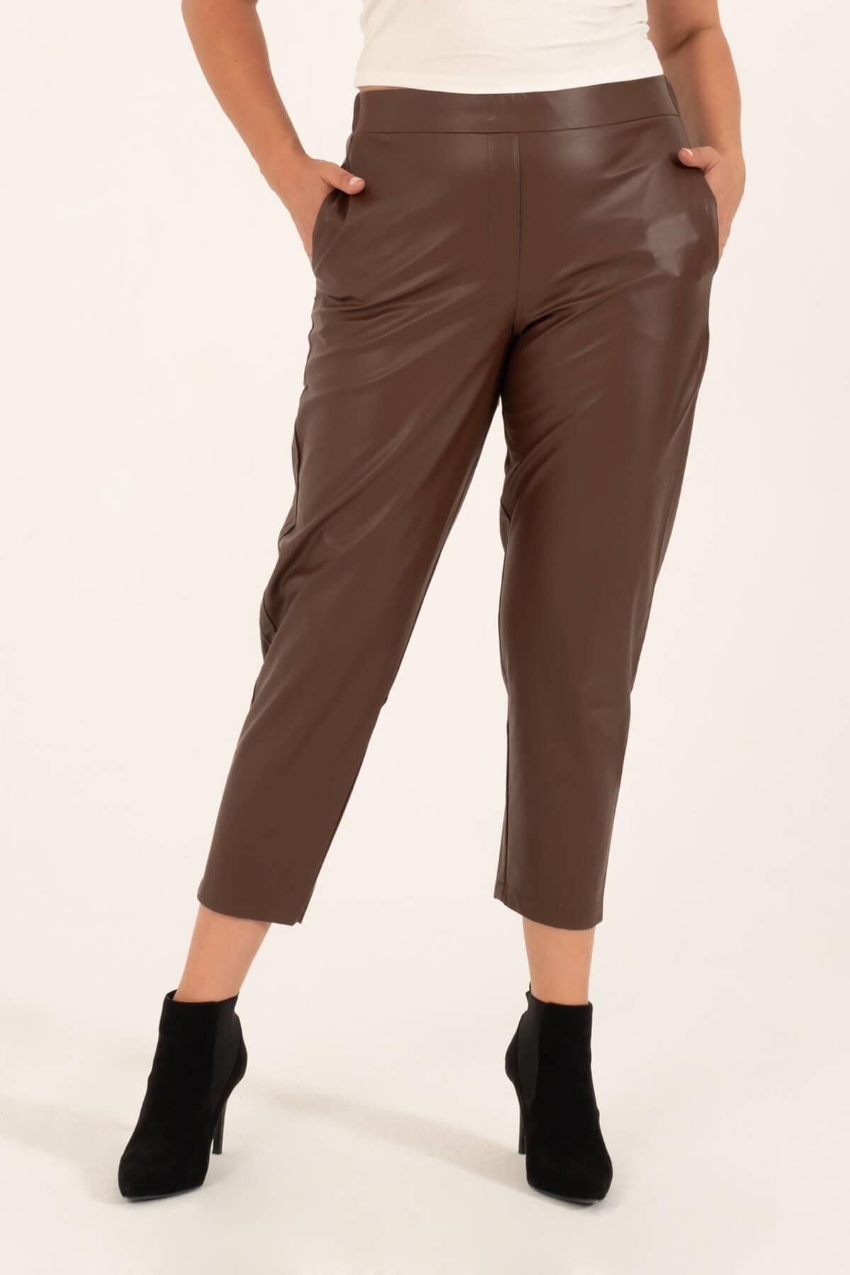 MYLİNE-Faux Leather Elastic Waist Pocket Trousers 3