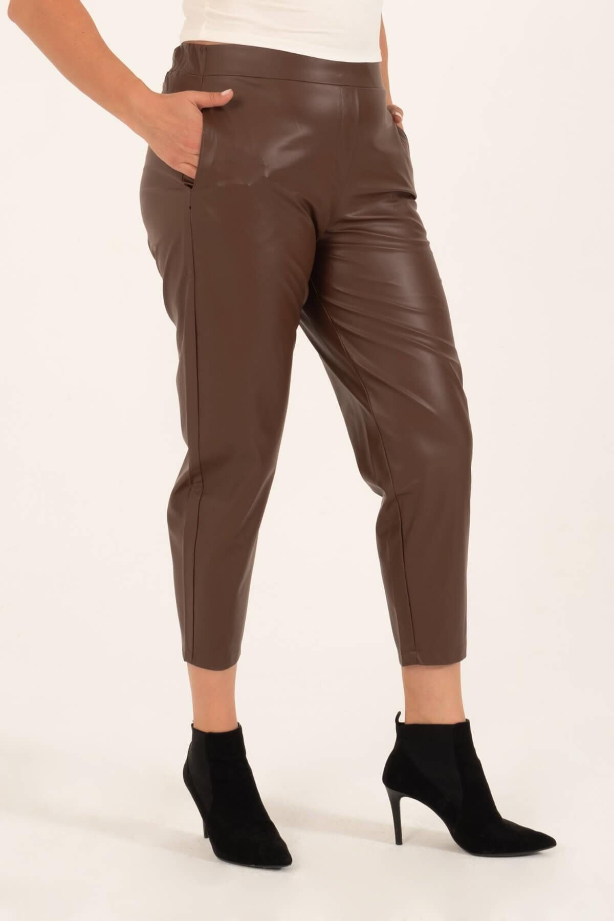 MYLİNE-Faux Leather Elastic Waist Pocket Trousers 4
