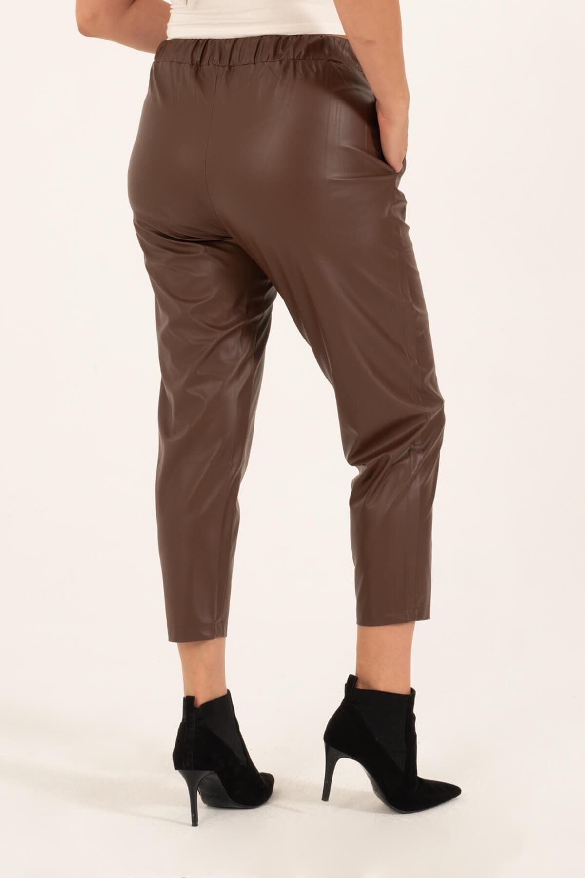 MYLİNE-Faux Leather Elastic Waist Pocket Trousers 5