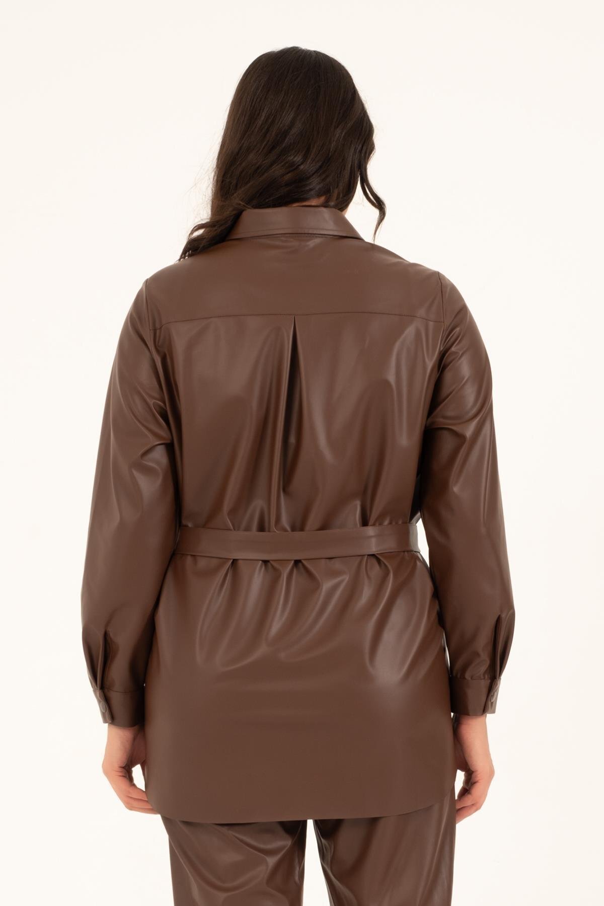 MYLİNE-Faux Leather Belted Shirt Jacket 5