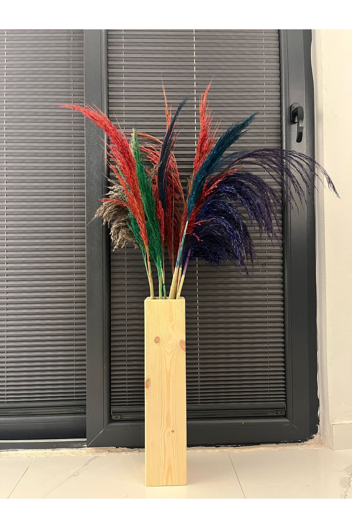 teknotrust Dekoratif Ahşap Vazo Pampas Yapay Çiçek Vazosu 50 cm