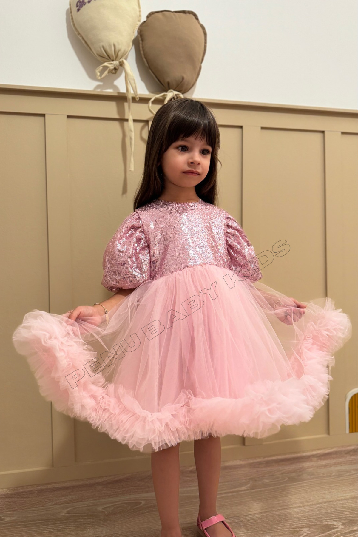 penu baby kids Pembe Payetli Balon Kol Grenli Tül Etekli Kız Çocuk Kız Bebek Abiye Elbise - Terra fotoğrafı 7 (önizleme)