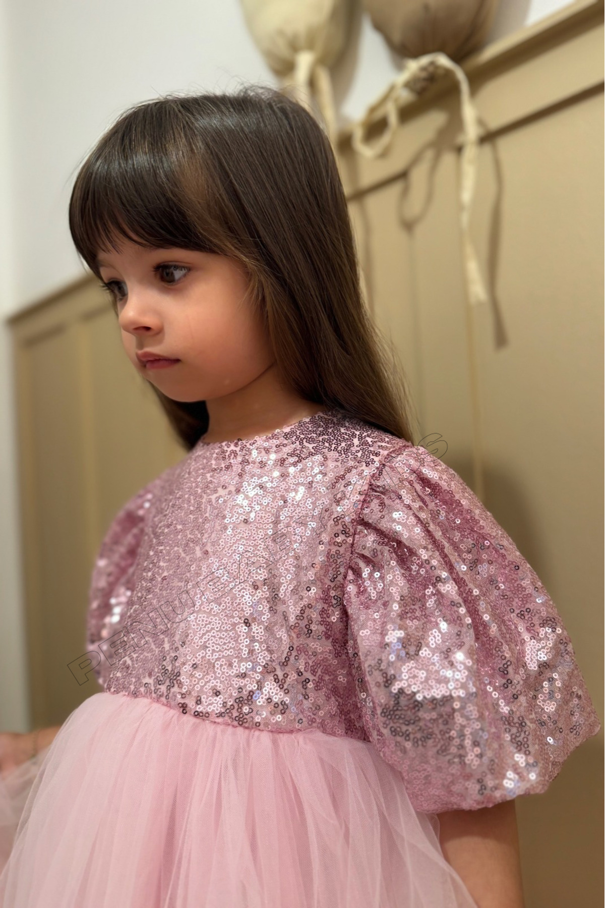 penu baby kids Pembe Payetli Balon Kol Grenli Tül Etekli Kız Çocuk Kız Bebek Abiye Elbise - Terra fotoğrafı 4 (önizleme)