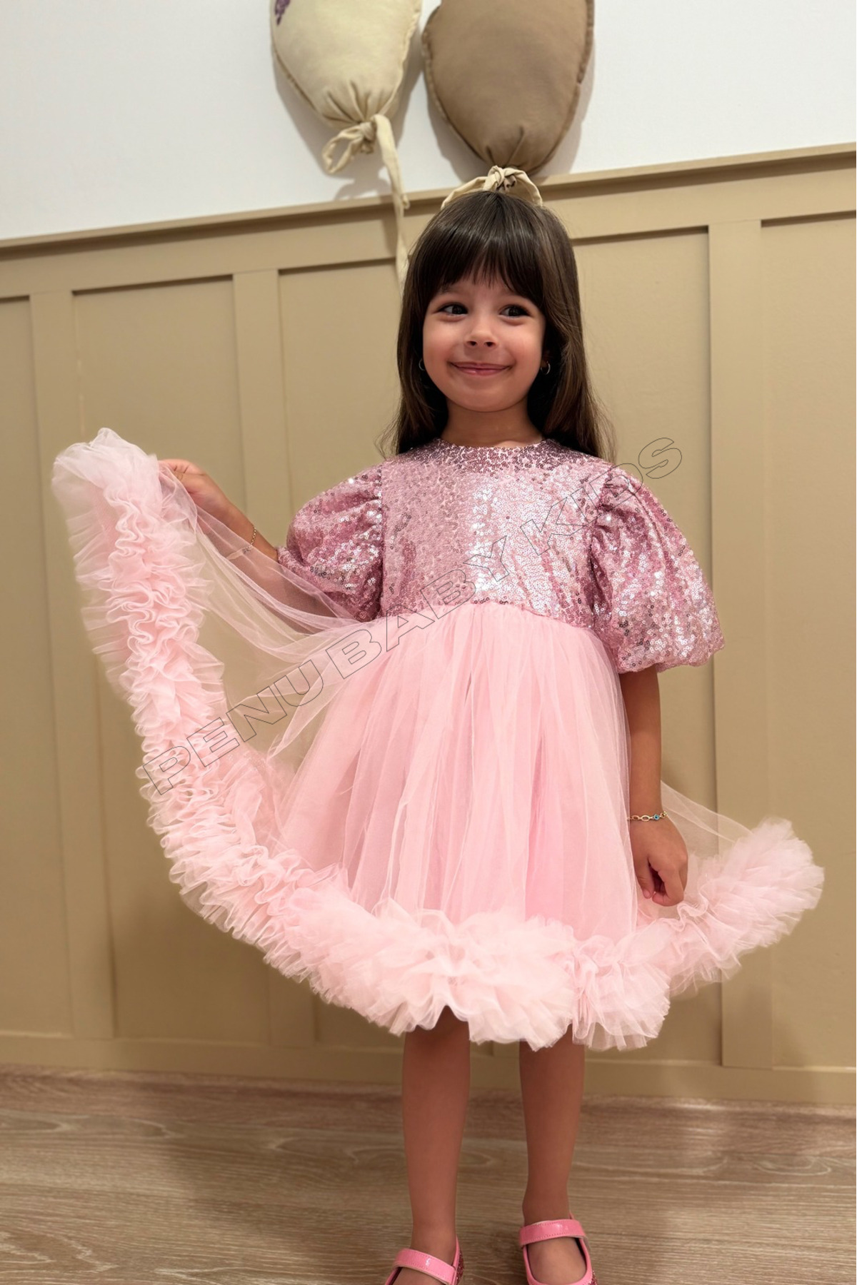 penu baby kids Pembe Payetli Balon Kol Grenli Tül Etekli Kız Çocuk Kız Bebek Abiye Elbise - Terra fotoğrafı 3 (önizleme)