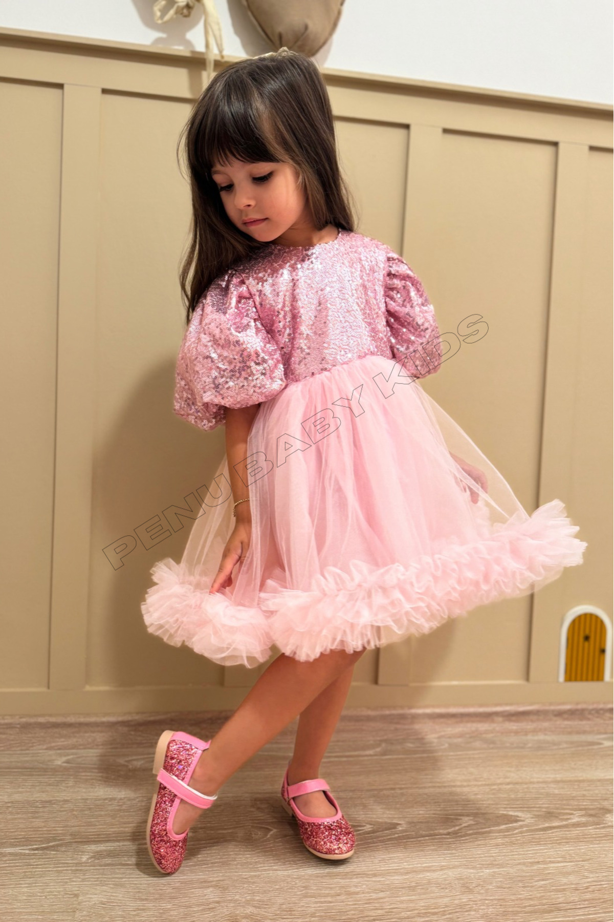 penu baby kids Pembe Payetli Balon Kol Grenli Tül Etekli Kız Çocuk Kız Bebek Abiye Elbise - Terra fotoğrafı 2 (önizleme)