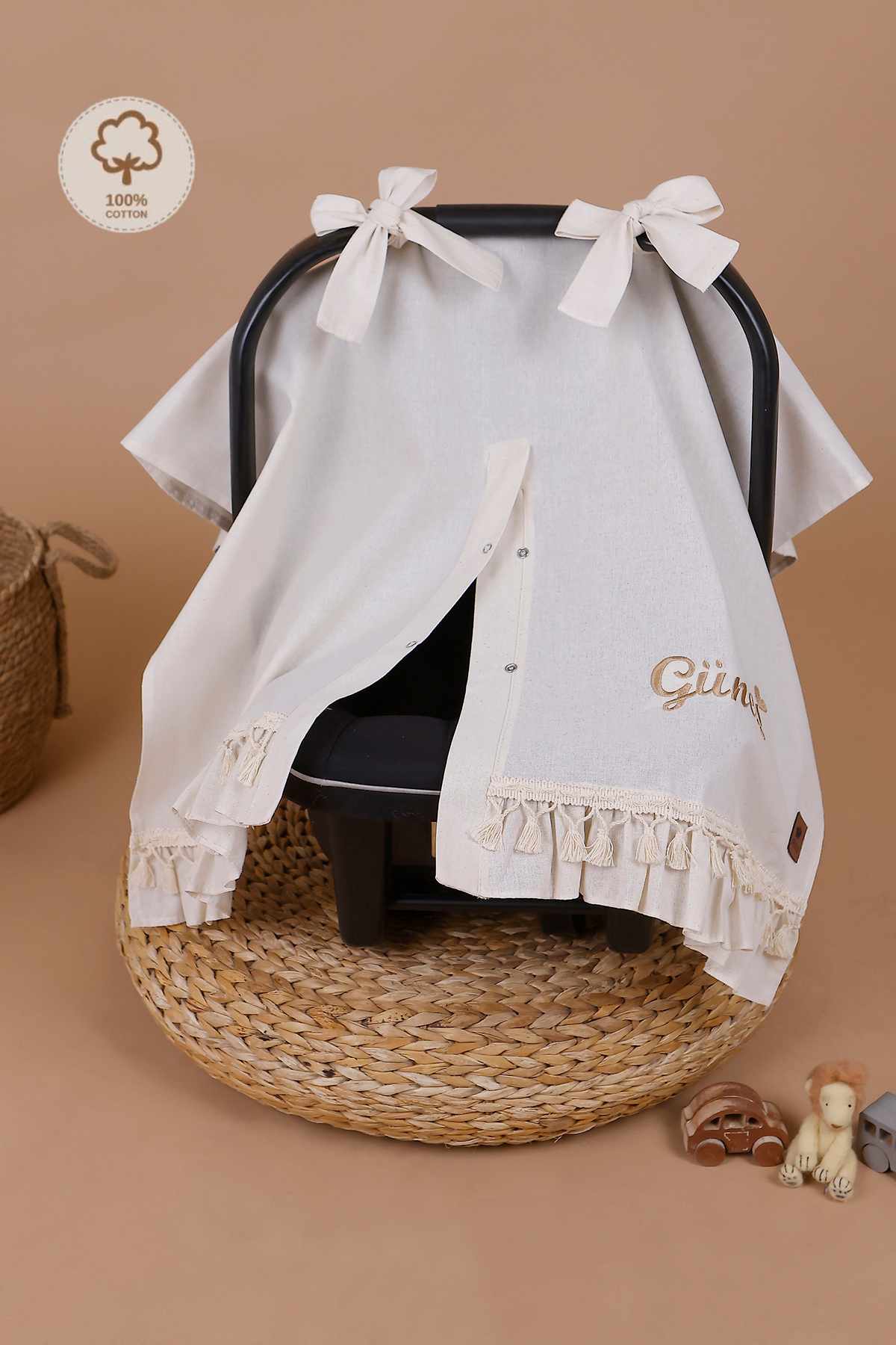 JUNİPERUS Kişiye Özel İsimli Nakışlı Organik Keten Puset Örtüsü Oeko-Tex Sertifikalı Fırfırlı fotoğrafı 6 (önizleme)