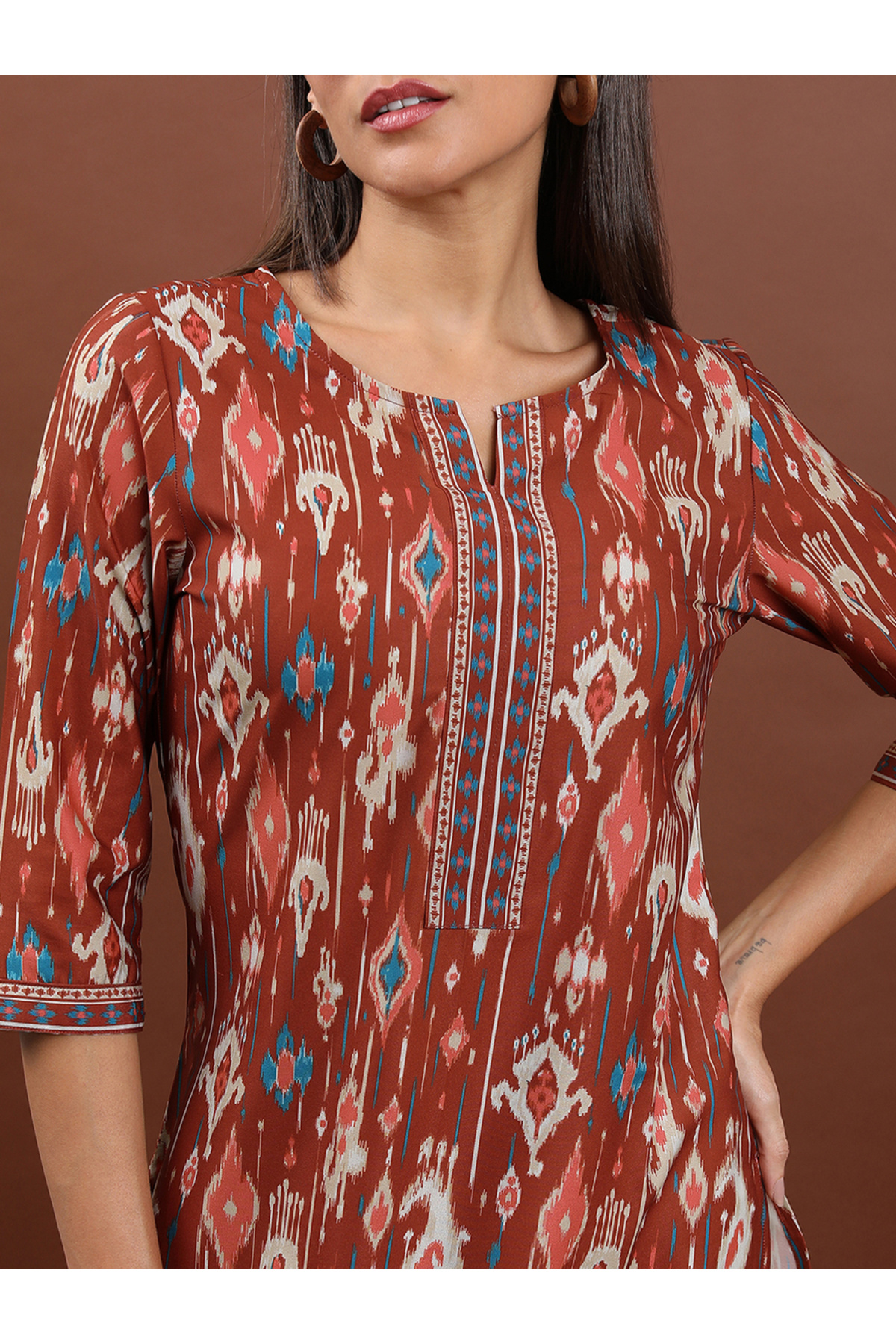 Vishudh By Styli-Brown Geometric Printed Notch Neck Straight Kurta 5