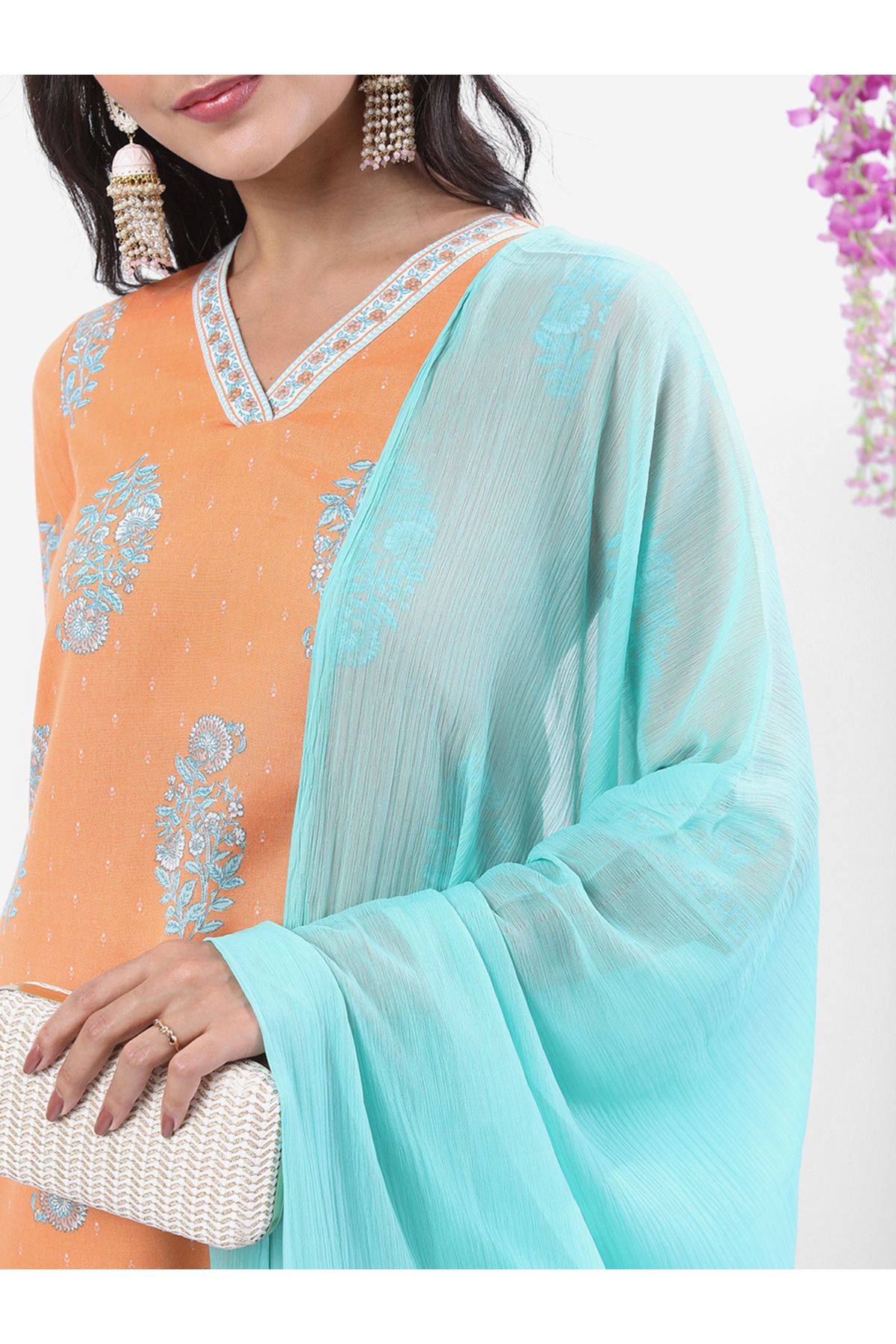 Vishudh By Styli-Peach Printed Kurta Set with Palazzos and Dupatta 5