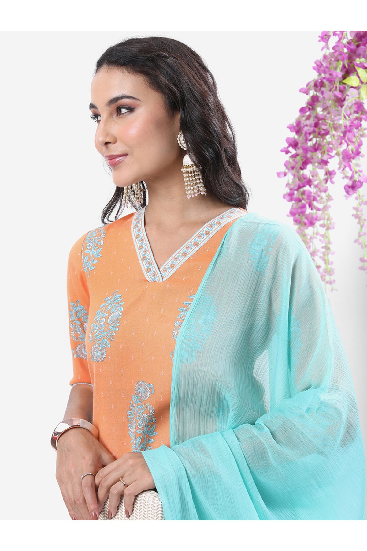 Vishudh By Styli-Peach Printed Kurta Set with Palazzos and Dupatta 2