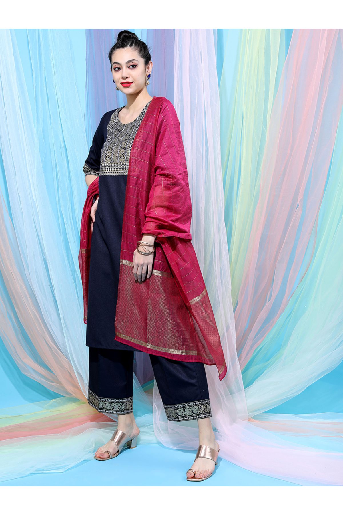 Vishudh By Styli-Navy Blue Embroidered Kurta Set with Palazzos and Dupatta 5