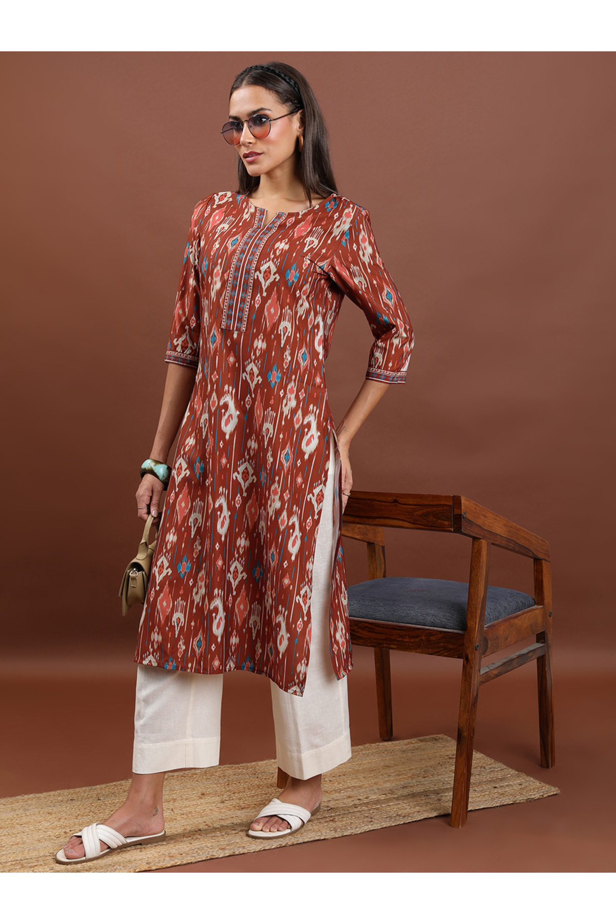 Vishudh By Styli-Brown Geometric Printed Notch Neck Straight Kurta 2