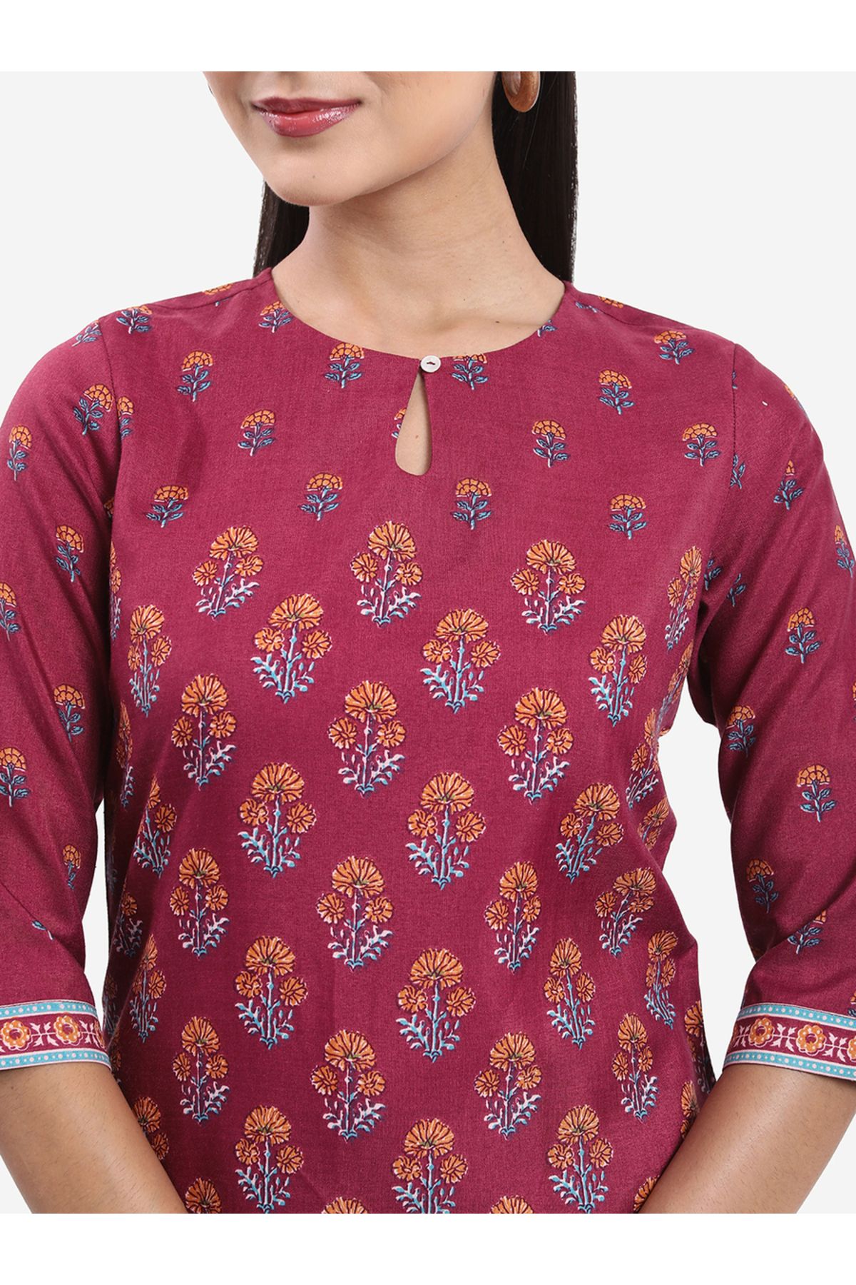 Vishudh By Styli-Maroon Keyhole Neck Floral Printed Kurti 5