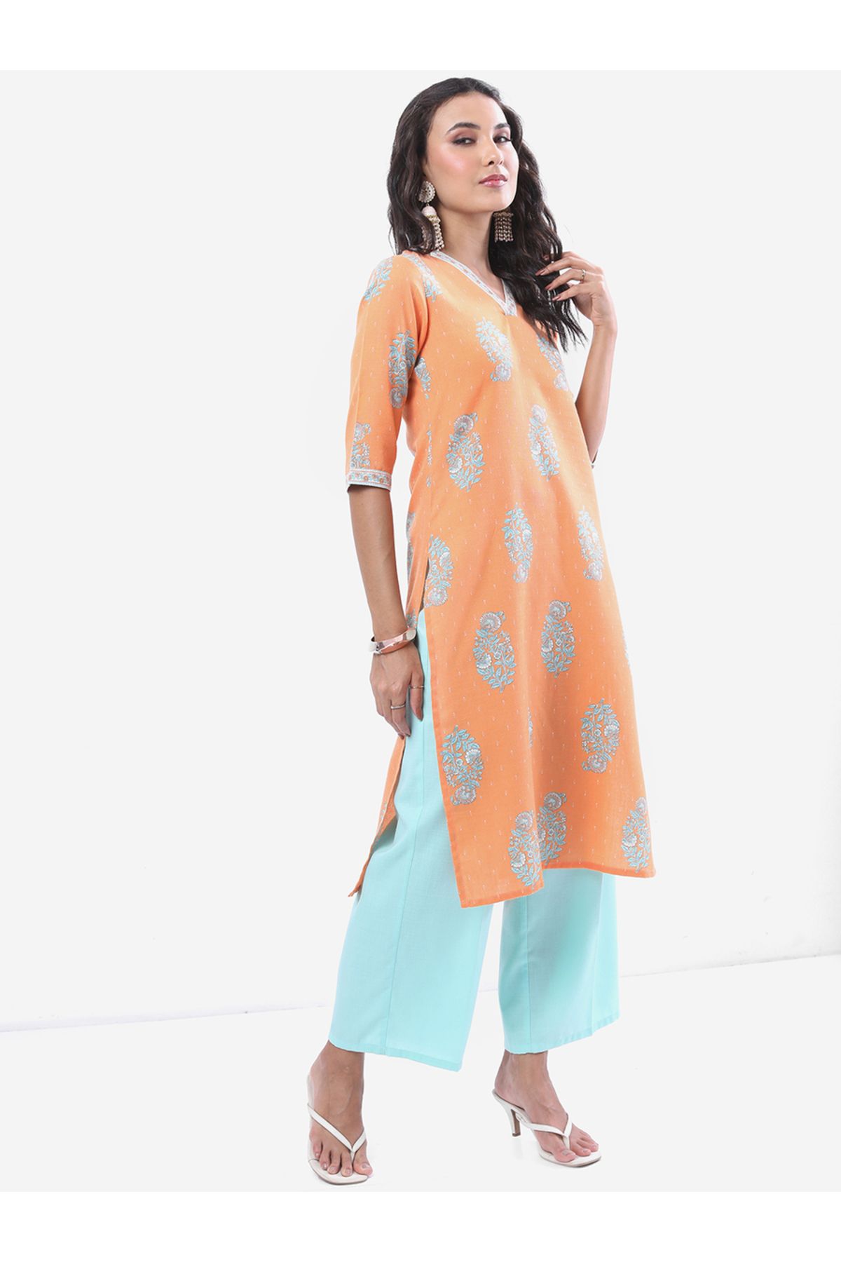 Vishudh By Styli-Peach Printed Kurta Set with Palazzos and Dupatta 4