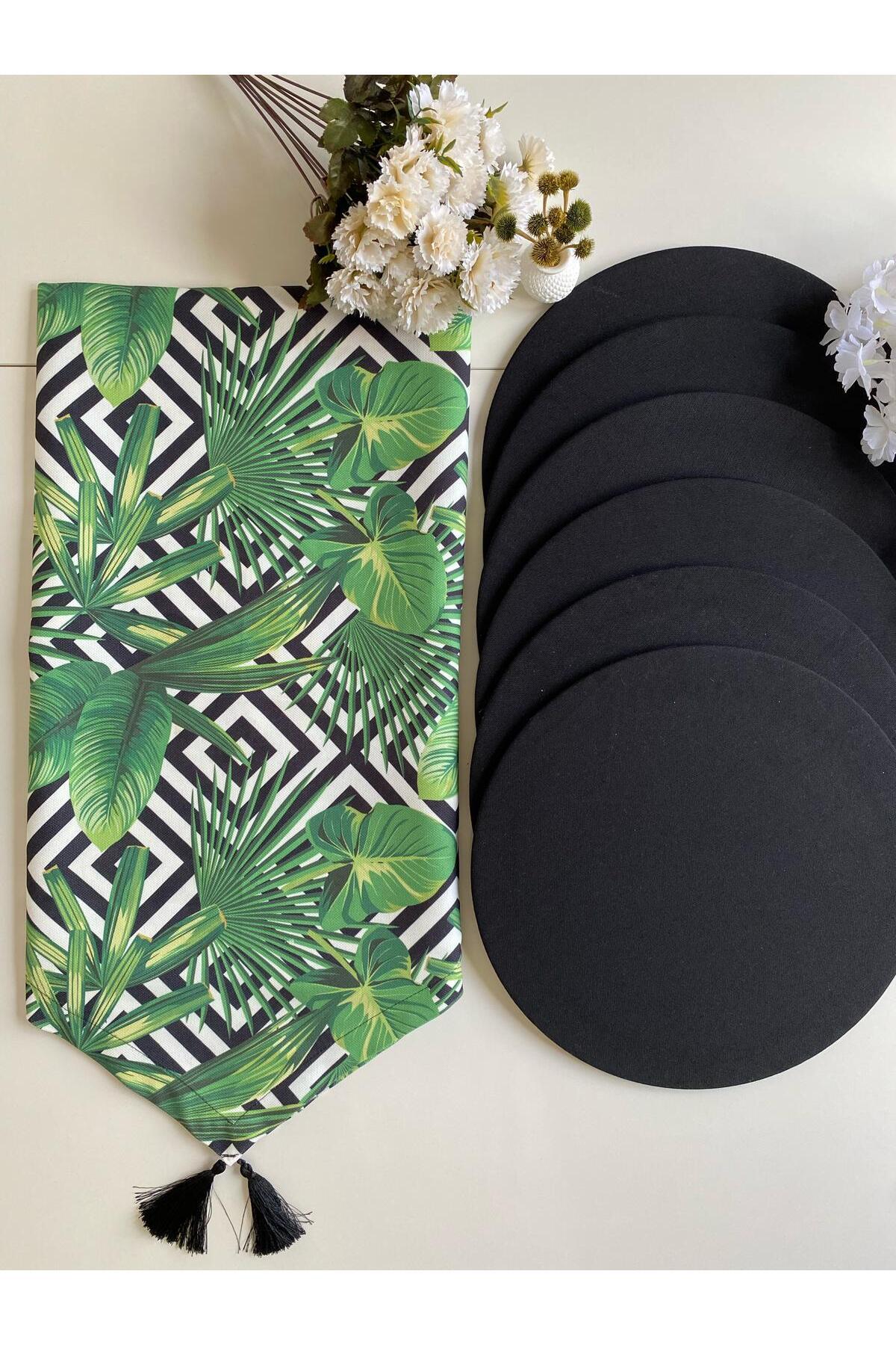 Runner Supla Home-Tropical Leaf Pattern Tasseled Runner & Black Plate Set 40X140 cm and 6 Pieces 2
