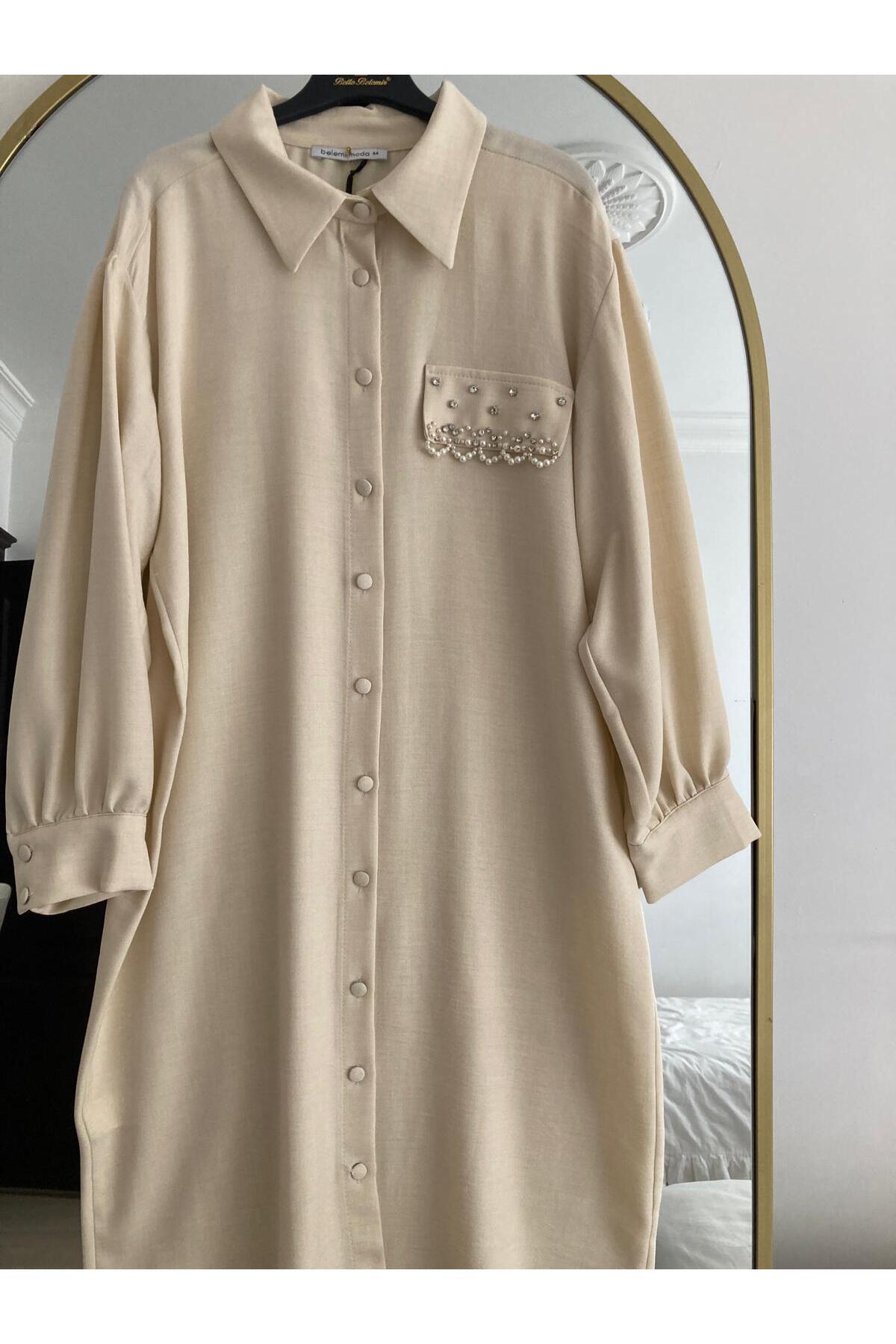 Belemir-Rstm Boutique Long Front Button Stone Detailed Wrinkle Free Linen Fabric Tunic 4