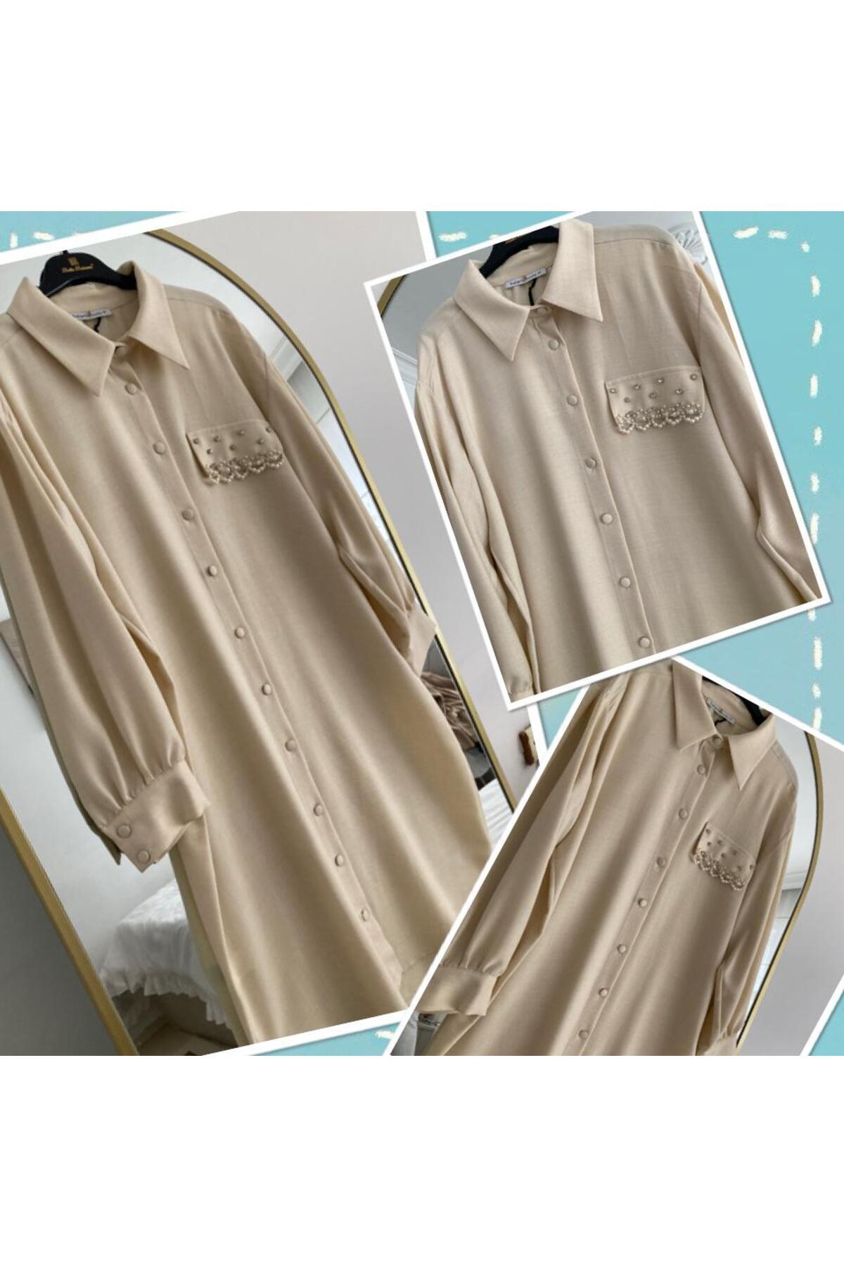 Belemir-Rstm Boutique Long Front Button Stone Detailed Wrinkle Free Linen Fabric Tunic 1