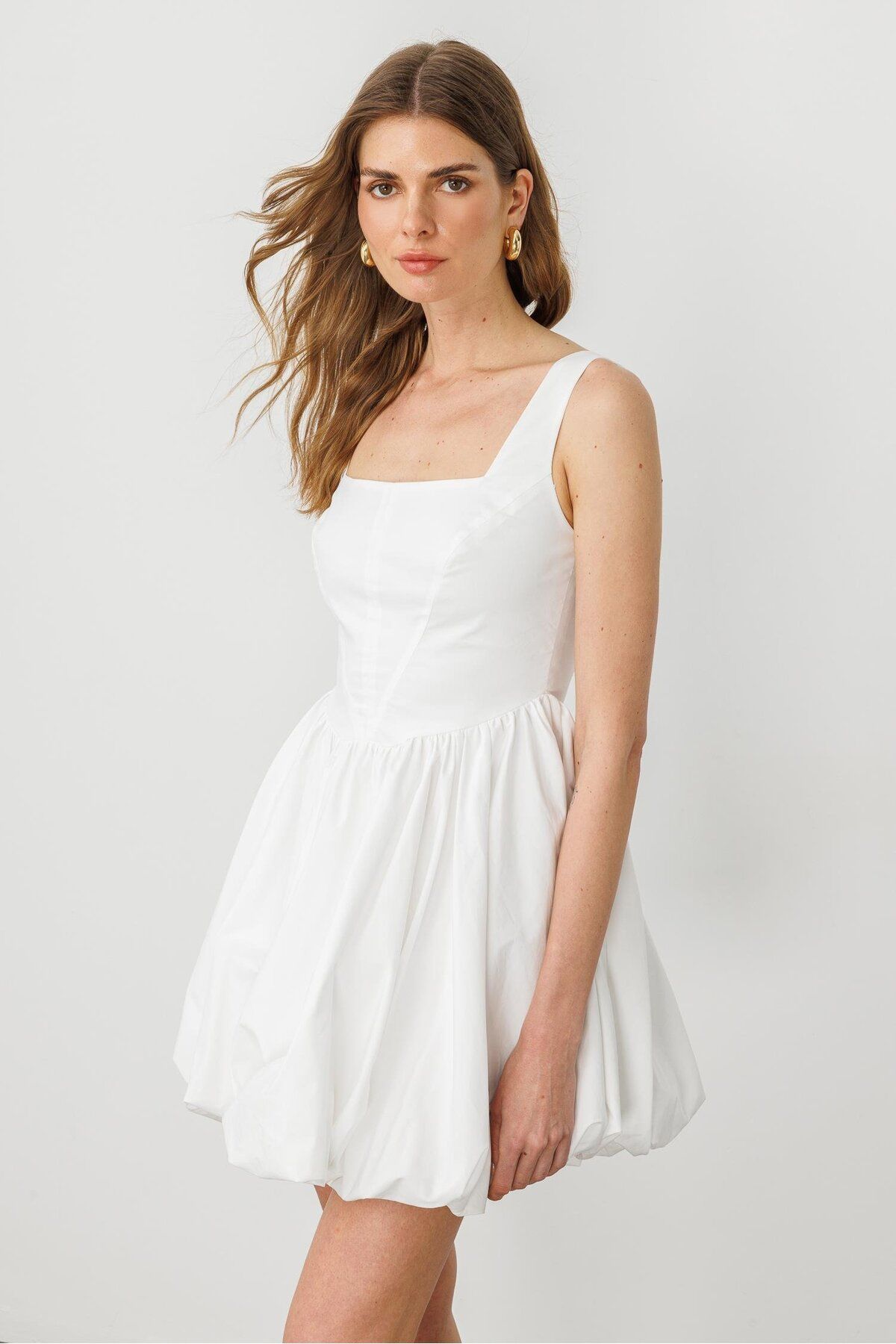 pieces of melon-White Cotton Dress with Square Collar Corset Detail and Strap Mini Balloon Skirt 3