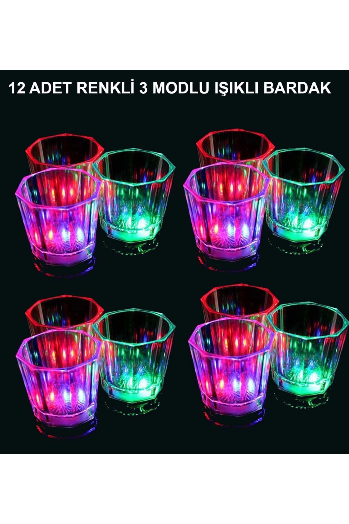 adden Led Işıklı Eğlence Bardakları - 3 Modlu Renk Değiştiren Bardak 12 Adet