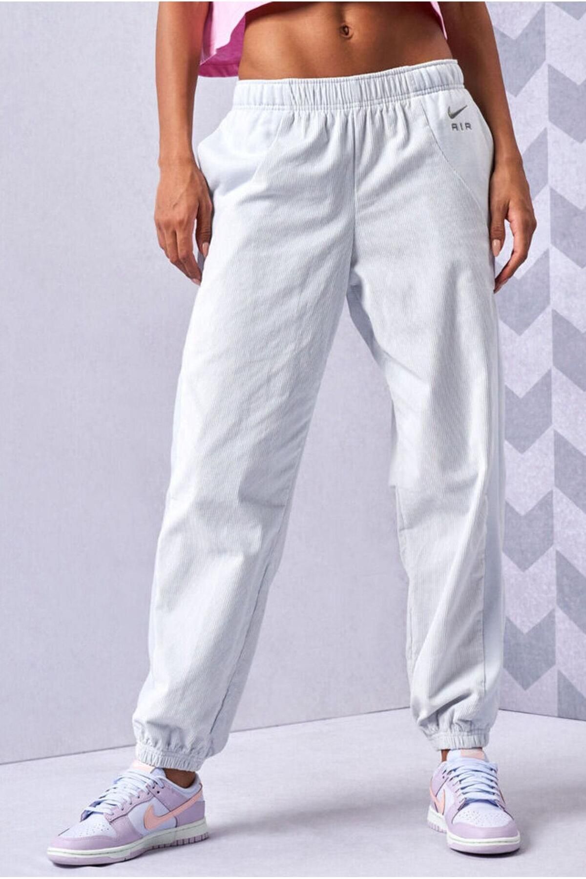 Nike-Air Corduroy Fleece Pants High Waist Ribbed Detail Loose Fit Women's Gray Sweatpants 2