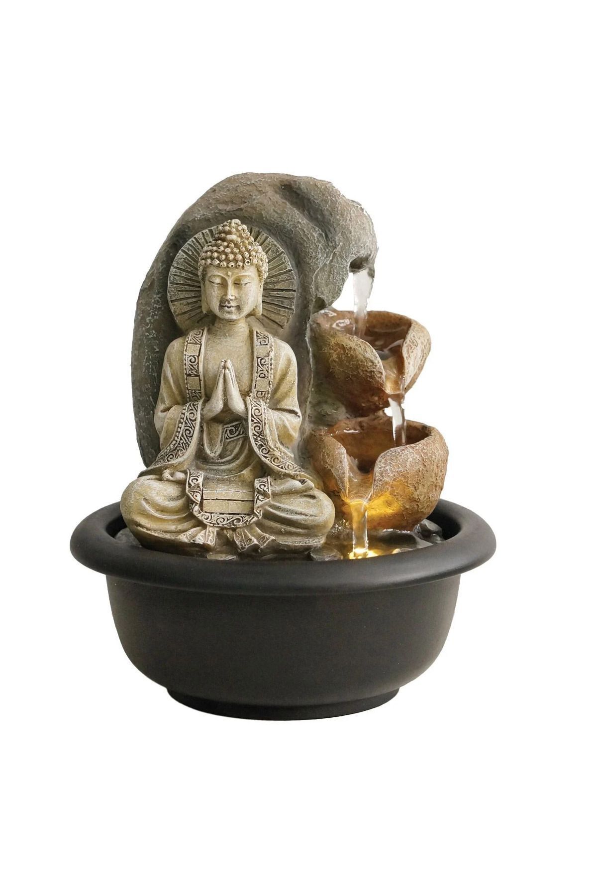 SerenityHaven Kaya ve Havuzlar Üzerinde Buda ve LED İç Mekan Çeşmesi Ø16x20cm
