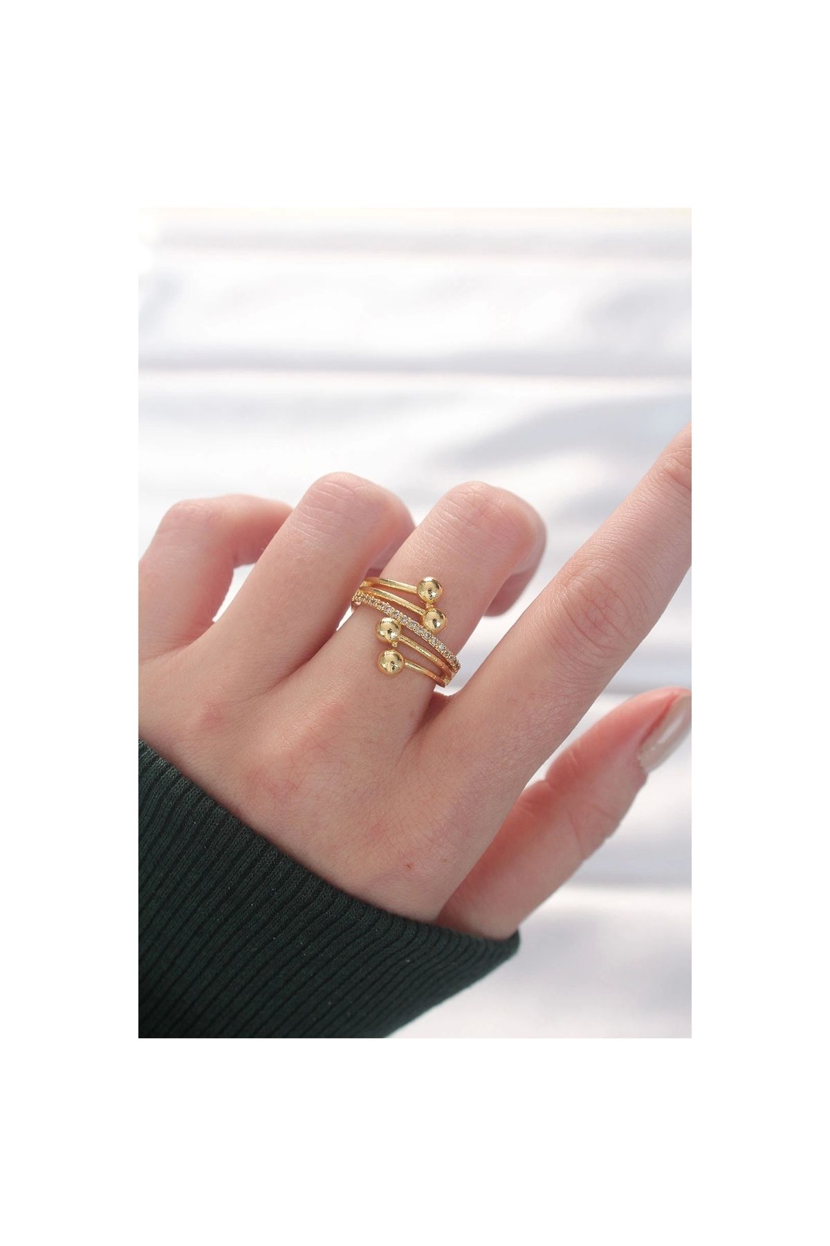 Narnuga Topçuk Model Zirkon Taşlı Gold Renk Ayarlanabilir Yüzük - TJ-BYK3138