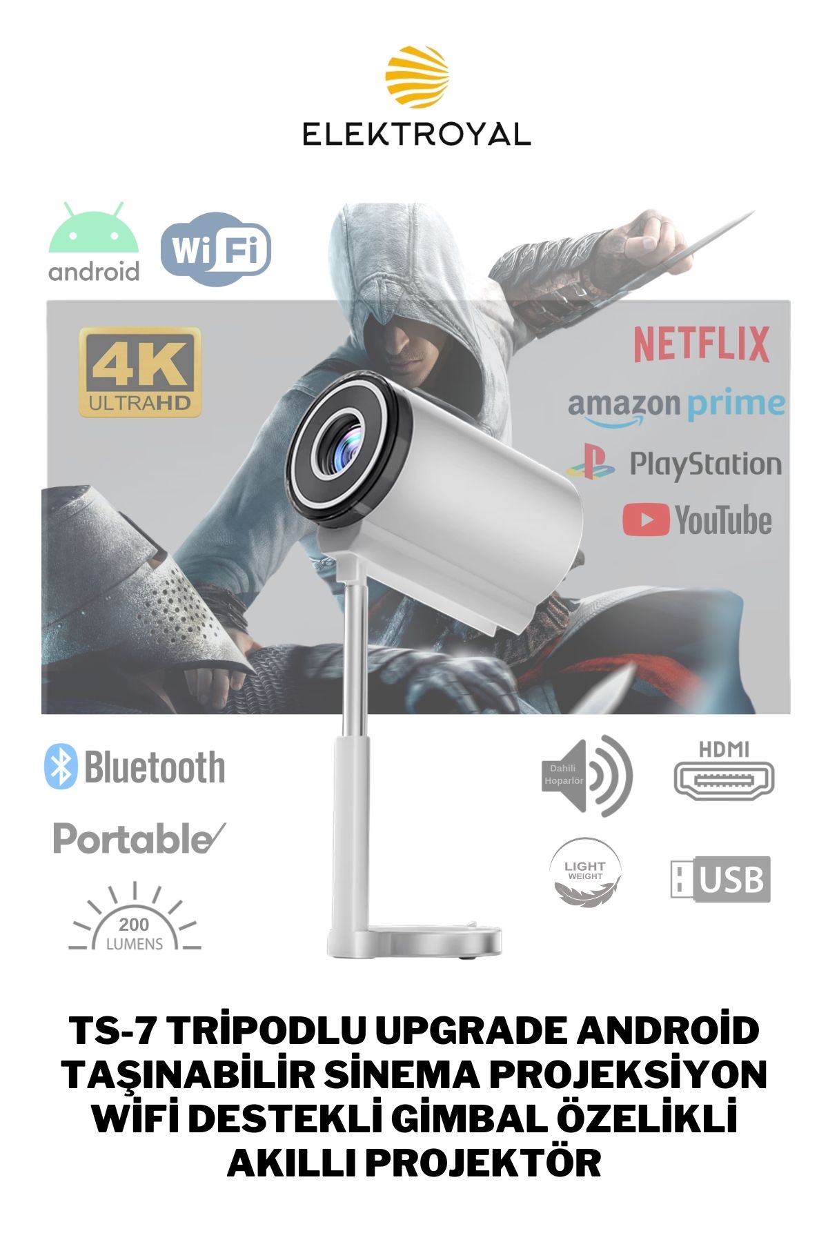 howear TS7 Tripodlu Upgrade Android Taşınabilir Sinema Projeksiyon Wi-Fi Gimbal Özellikli Akıllı Projektör