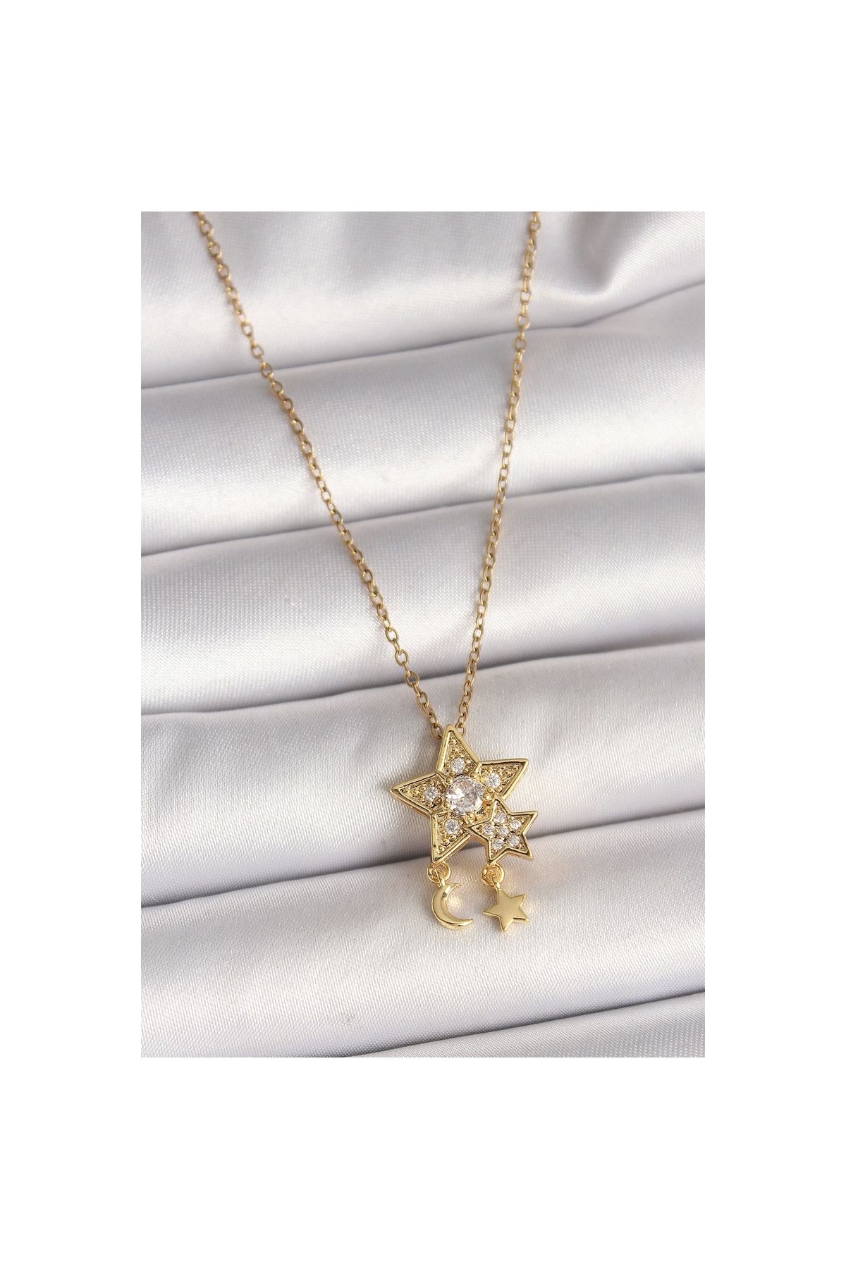 Narnuga 316L Çelik Gold Renk Zincir Zirkon Taşlı Yıldız Model Sallanı Ay Yıldız Detay Kadın Kolye - TJ-BKO99