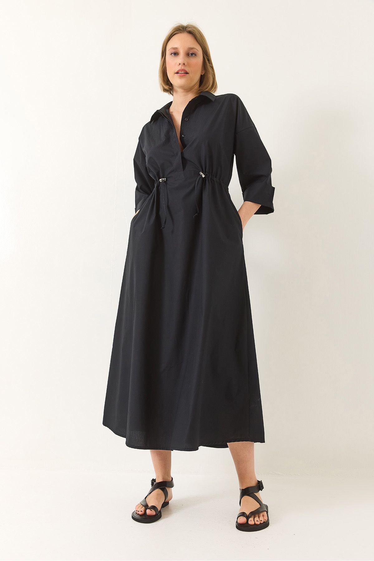 Bianco Lucci-Rochie lungă din popelin pentru femei, cu jumătate de mânecă, cu închidere cu nasturi 60283194 5